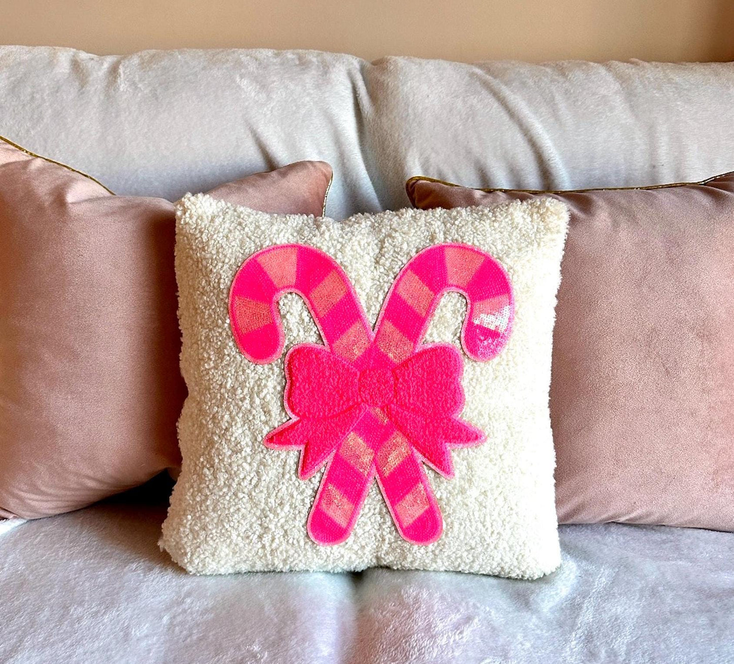 Pink Candy Cane Pillow, Candy Cane Christmas Pillow, Pink Bow Pillow, Sequin Christmas Pillow Coquette Christmas Pillow, White Boucle Pillow