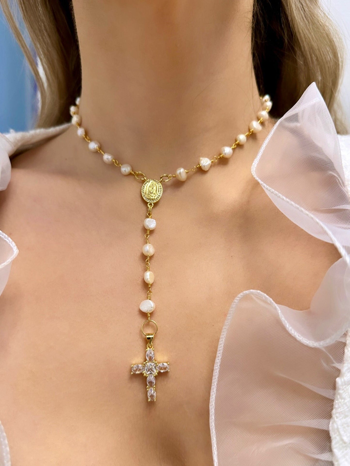 Freshwater Pearl Cross Necklace - Statement Cross Pearl Necklace - Pearl Bead Cross Necklace, Gold Filled CZ Cross Pendant, CZ Cross Pendant