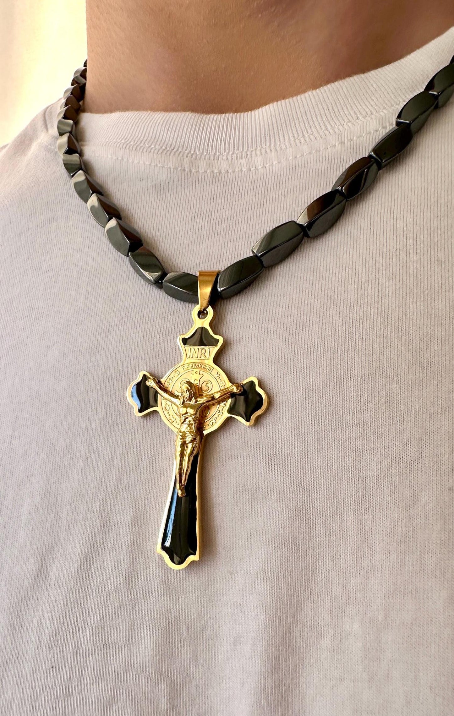 Chunky Black Cross Necklace, Crucifix Necklace Men Waterproof, Men's Cross Necklace Men's Magnetic Necklace Hematite Cross Necklace Dad Gift