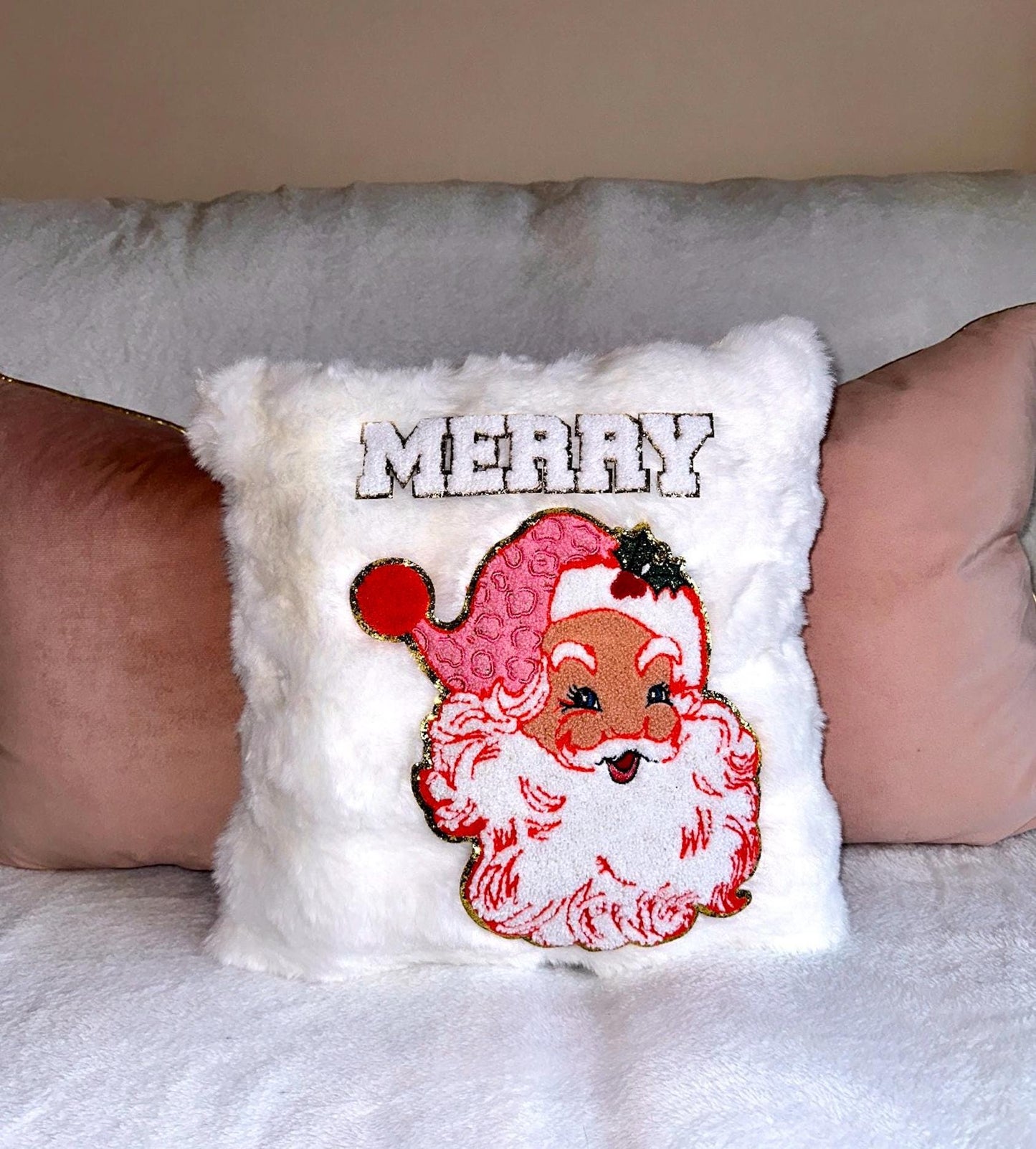 Retro Santa Pillow, White Christmas Pillows, Merry Pillow, White Fur Pillow, Christmas Cushions And Cover, Faux Fur Cushion, Christmas Decor