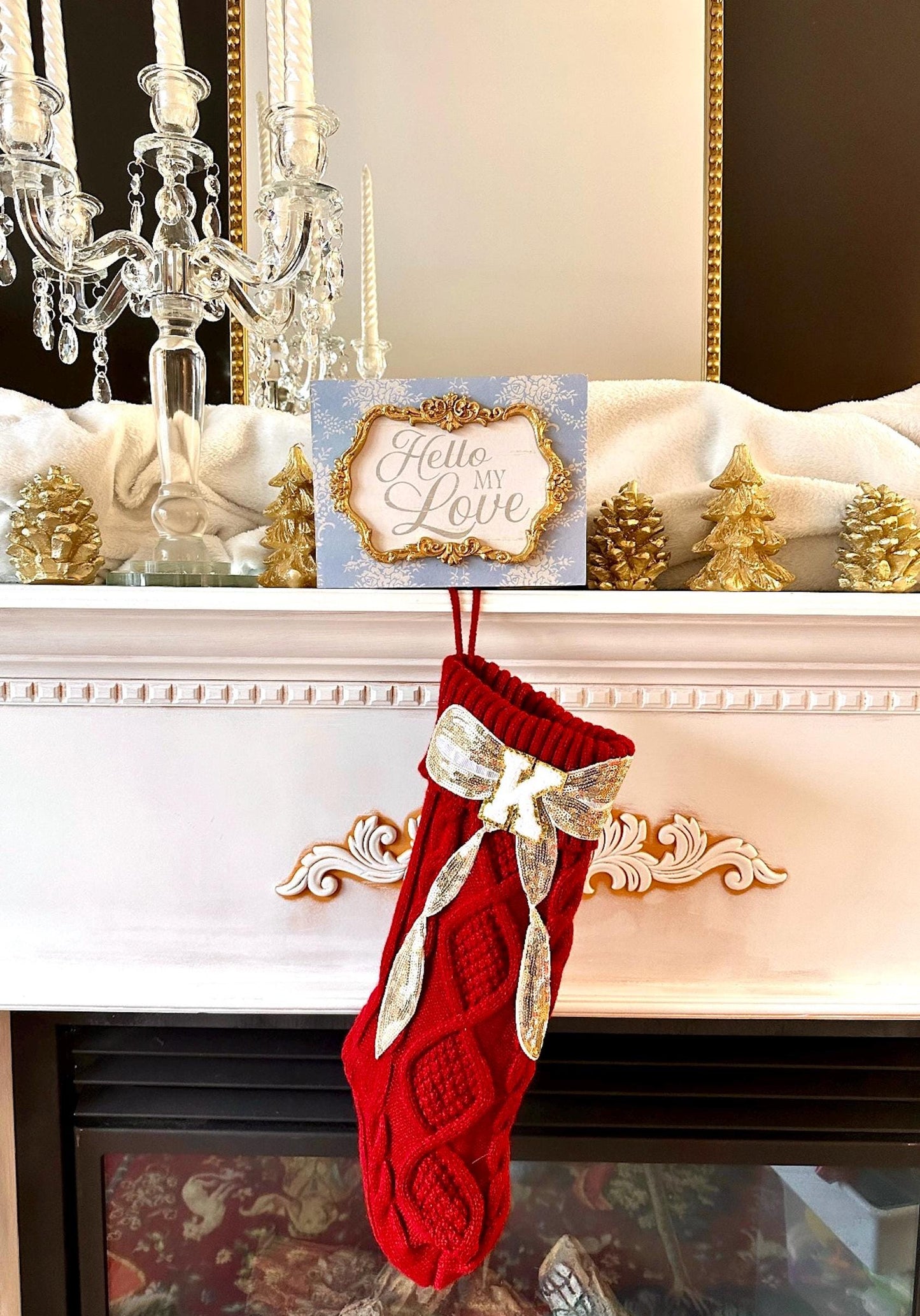 Custom Christmas Stocking Large, Red Knit Christmas Stocking, Personalized Christmas Stocking, Sequin Bow Christmas Stocking Letter Stocking