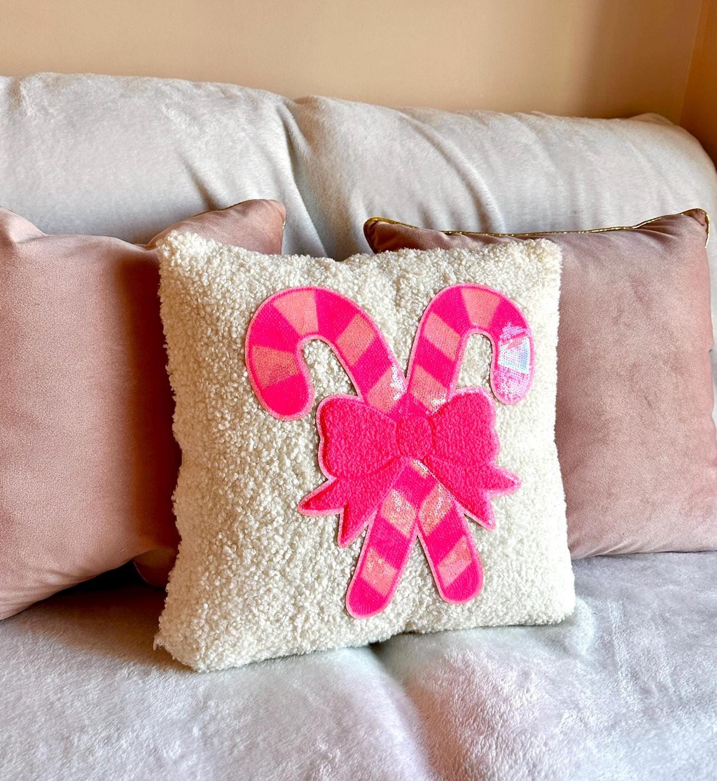 Pink Candy Cane Pillow, Candy Cane Christmas Pillow, Pink Bow Pillow, Sequin Christmas Pillow Coquette Christmas Pillow, White Boucle Pillow