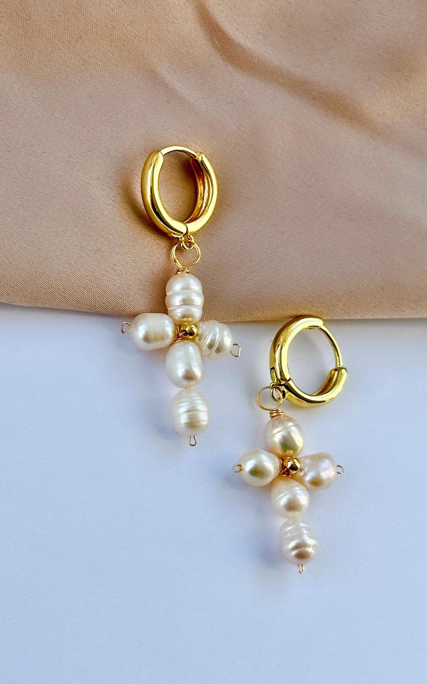 Freshwater Pearl Cross Earrings, Gold Cross Hoop Earrings, Baptism Earrings, Stainless Steel Cross Earrings, Gold Cross Earrings For Women