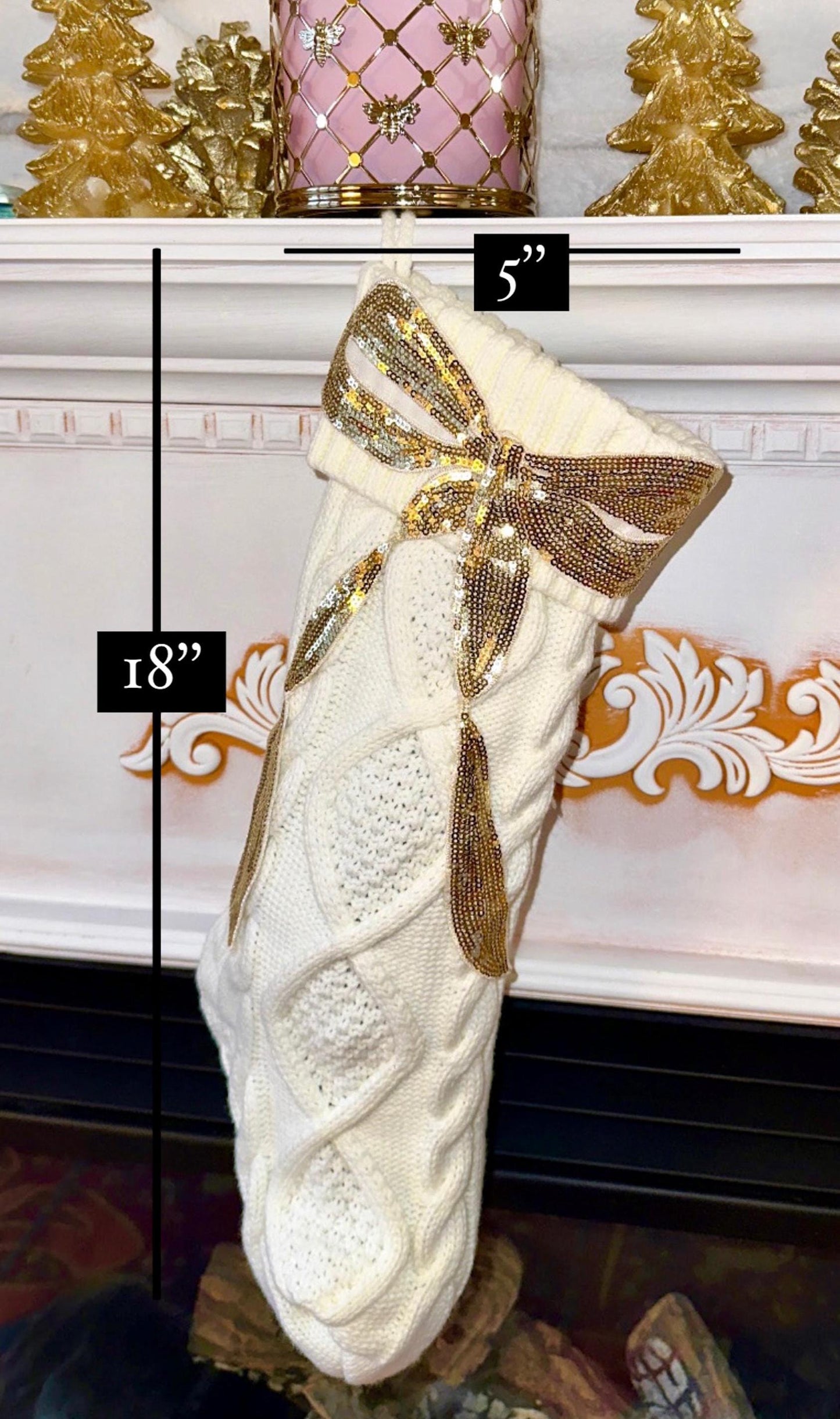 Coquette Christmas Stocking, Bow Christmas Stocking, White Knit Christmas Stocking, Sequin Christmas Stocking, Gold Bow Christmas Decoration