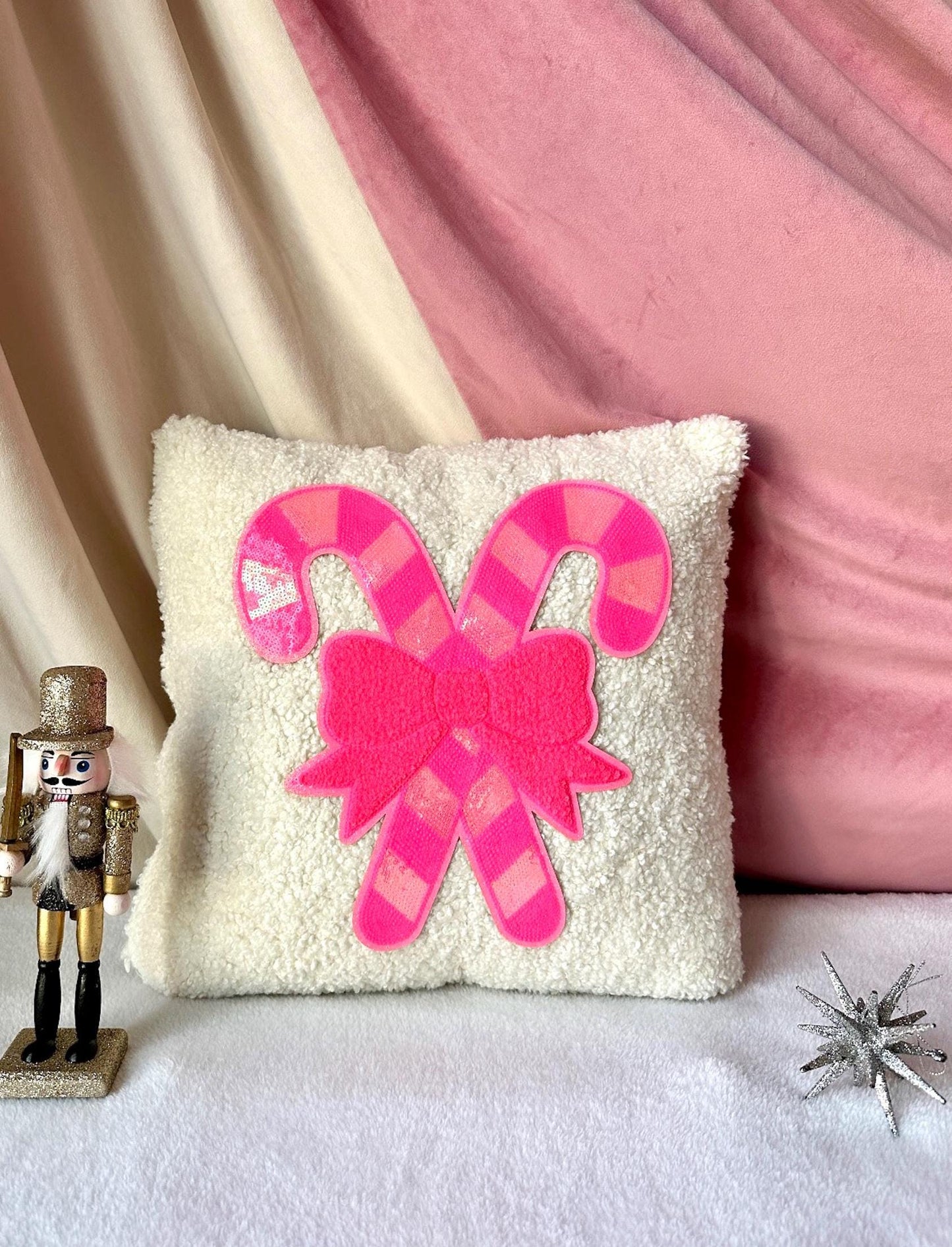 Pink Candy Cane Pillow, Candy Cane Christmas Pillow, Pink Bow Pillow, Sequin Christmas Pillow Coquette Christmas Pillow, White Boucle Pillow