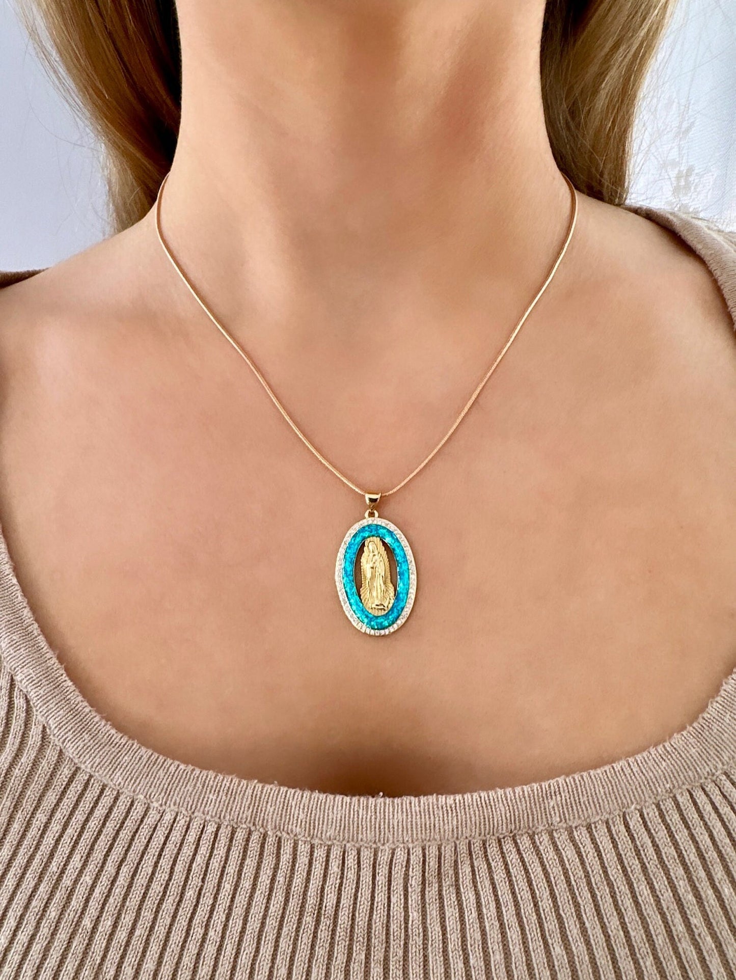 Gold Virgin Mary Necklace, Opal Pendant Gold, Gold Filled Medallion Necklace, Opal Pendant Necklace, 18K Gold Filled Necklace, Easter Gift