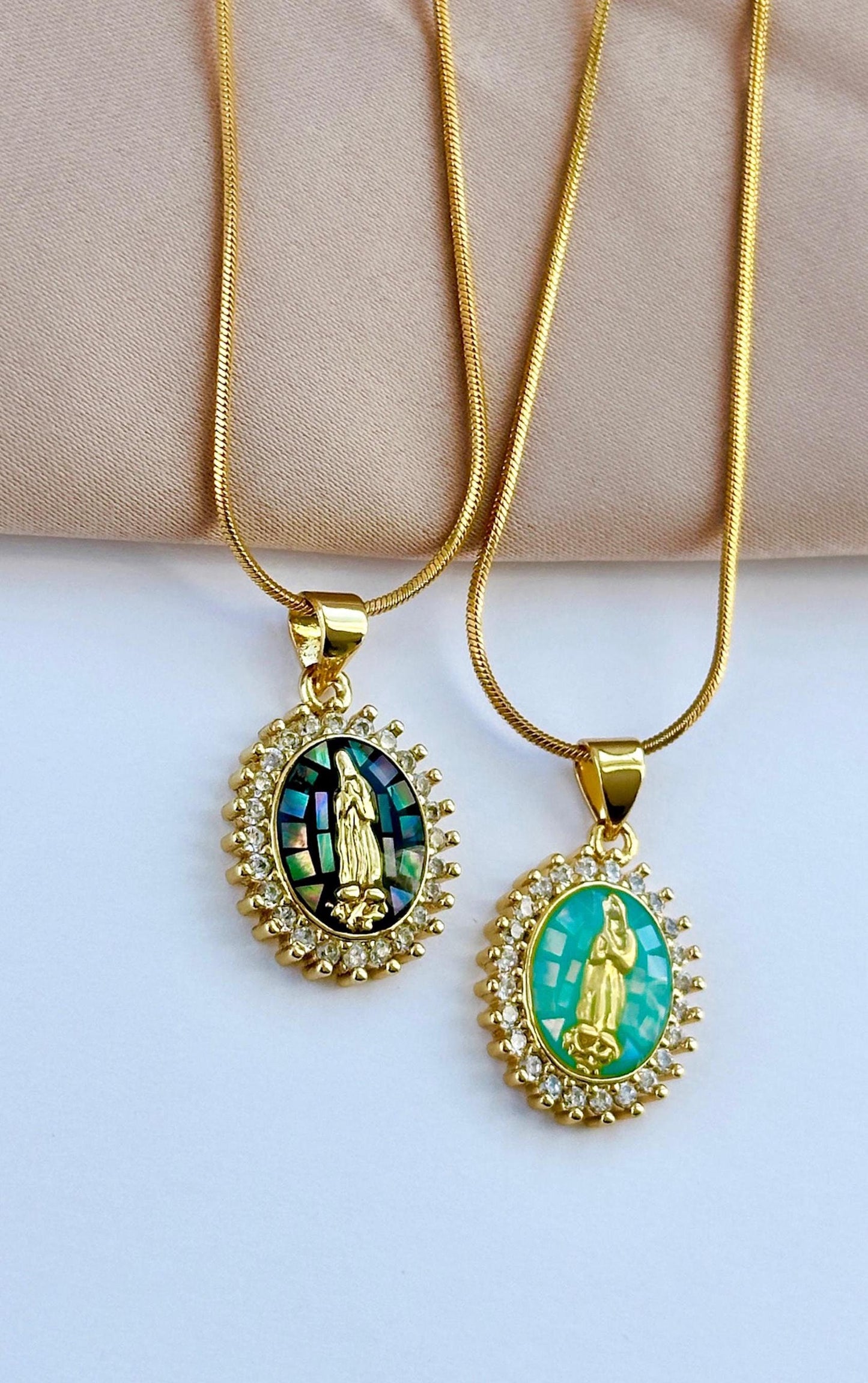 Tiny Virgin Mary Necklace, Small Virgin Mary Pendant, Mosaic Necklace, Shell Pendant Necklace, Our Lady Of Guadalupe Necklace, Baptism Gift