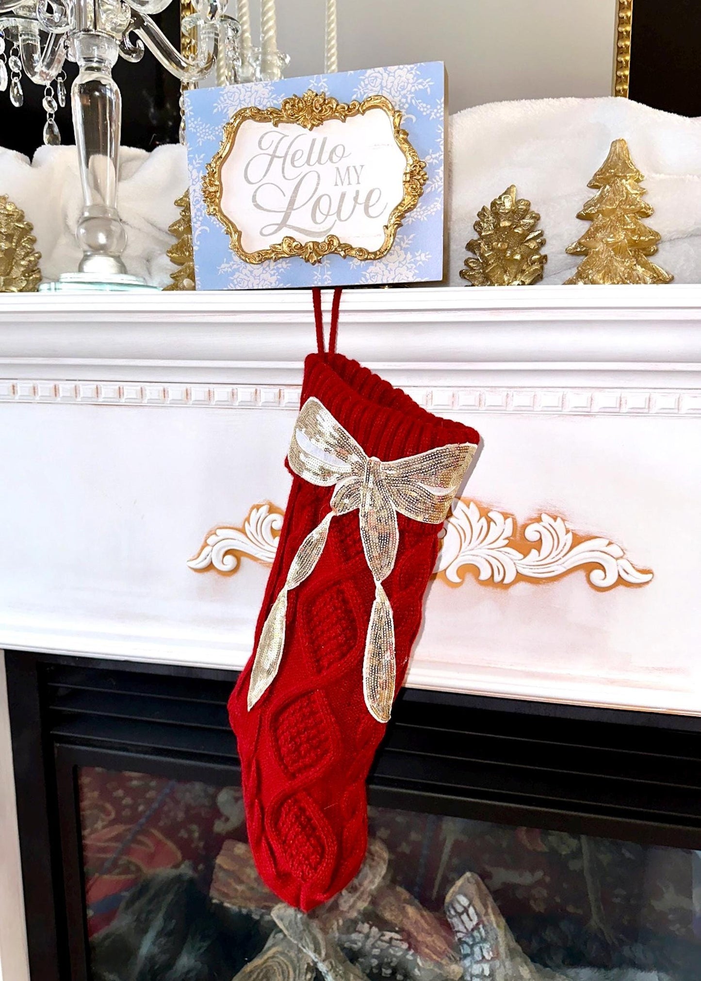 Bow Christmas Stocking, Coquette Christmas Stocking, Red Knit Christmas Stocking, Sequin Christmas Stocking, Gold Bow Christmas Decoration