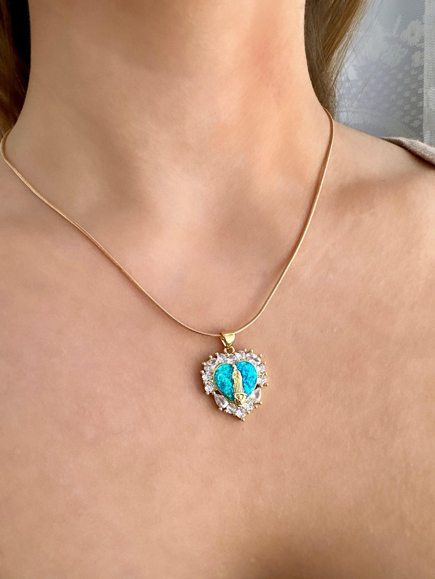 Virgin Mary Gold Heart Pendant, Mother Mary Necklace Gold, Mother's Day Heart Necklace, Catholic Heart Necklace Opal Heart Pendant 18kt Gold