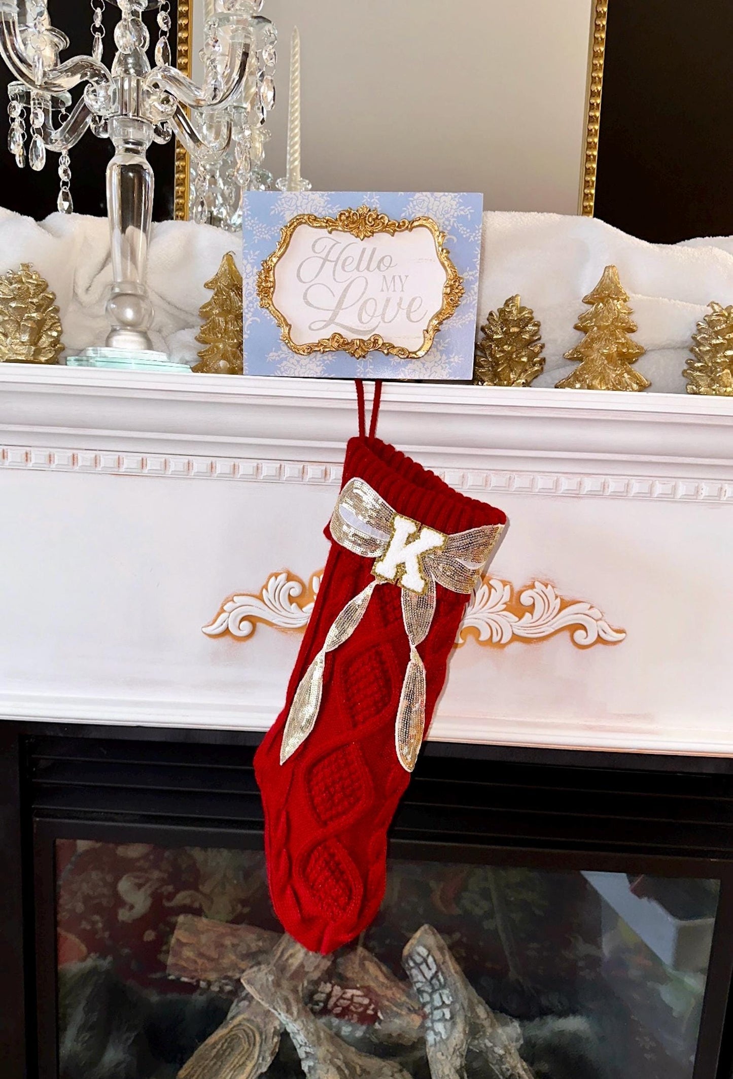 Custom Christmas Stocking Large, Red Knit Christmas Stocking, Personalized Christmas Stocking, Sequin Bow Christmas Stocking Letter Stocking