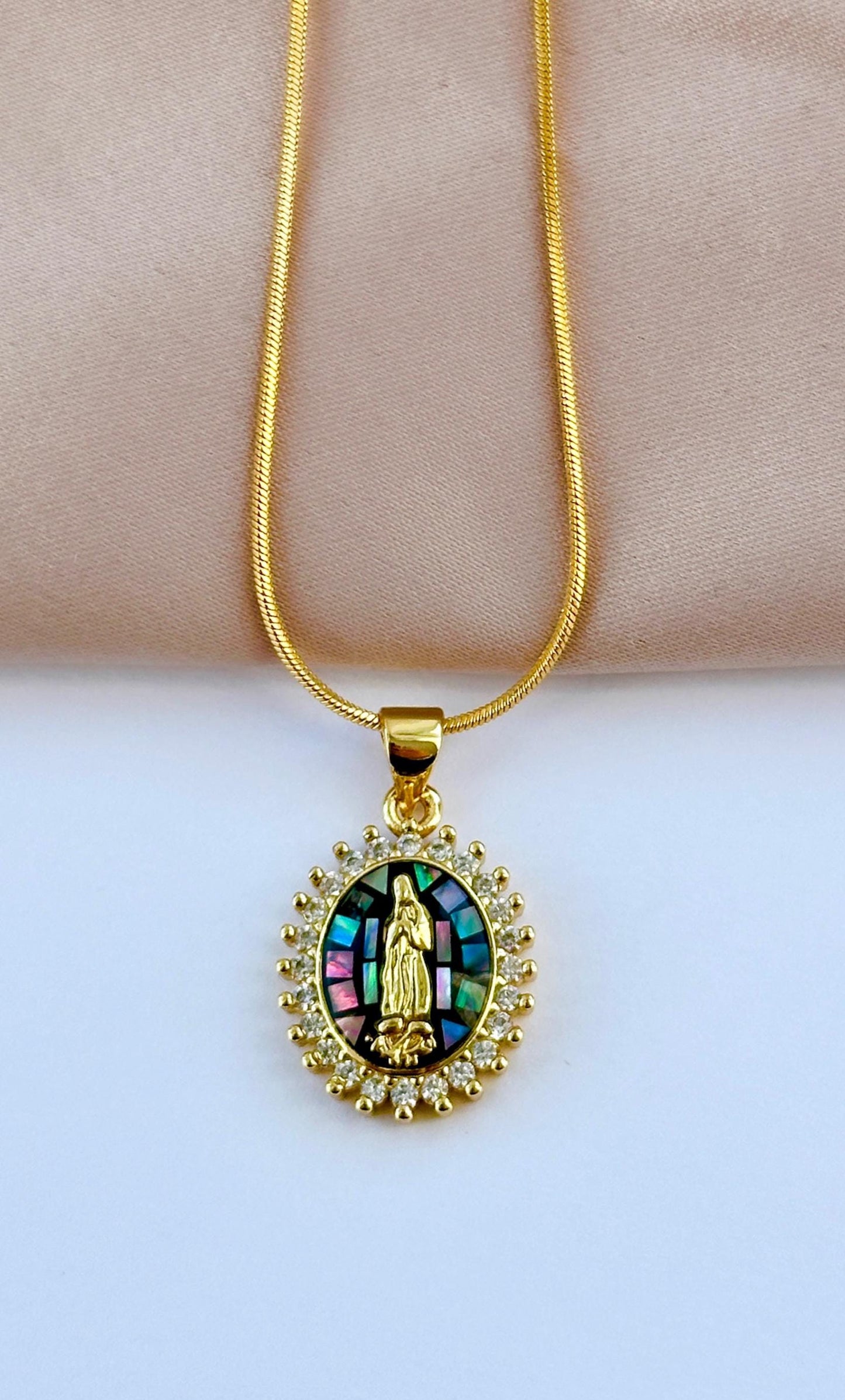 Tiny Virgin Mary Necklace, Small Virgin Mary Pendant, Mosaic Necklace, Shell Pendant Necklace, Our Lady Of Guadalupe Necklace, Baptism Gift