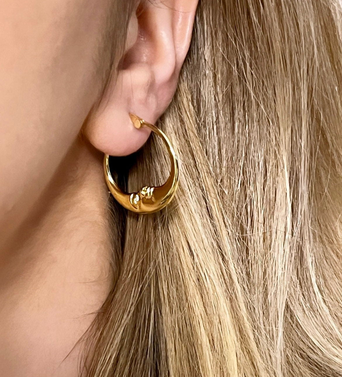 Gold Crescent Hoops, Moon Earrings, Thin Hoop Earrings, Celestial Earrings, Moon Hoop Earrings, Moon Star Earrings, Planet Earrings