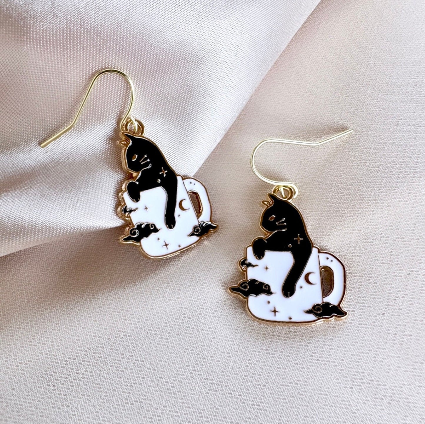 Halloween Black Cat Dangle Earrings, Coffee Mug Earrings, Witchy Celestial Earrings, Black Cat Jewelry Gift For Cat Lover