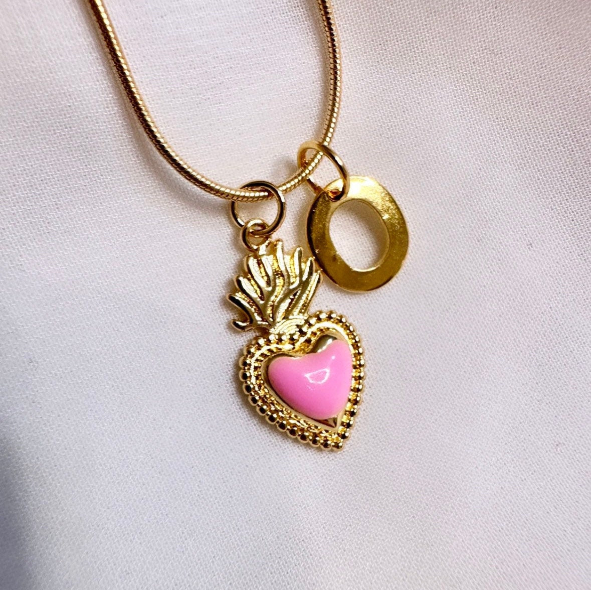 Milagro Heart Pendant, Small Sacred Heart Necklace Gold, Pink Milagro Heart, Gold Initial, Gold Sacred Heart Pendant, Flaming Heart Necklace