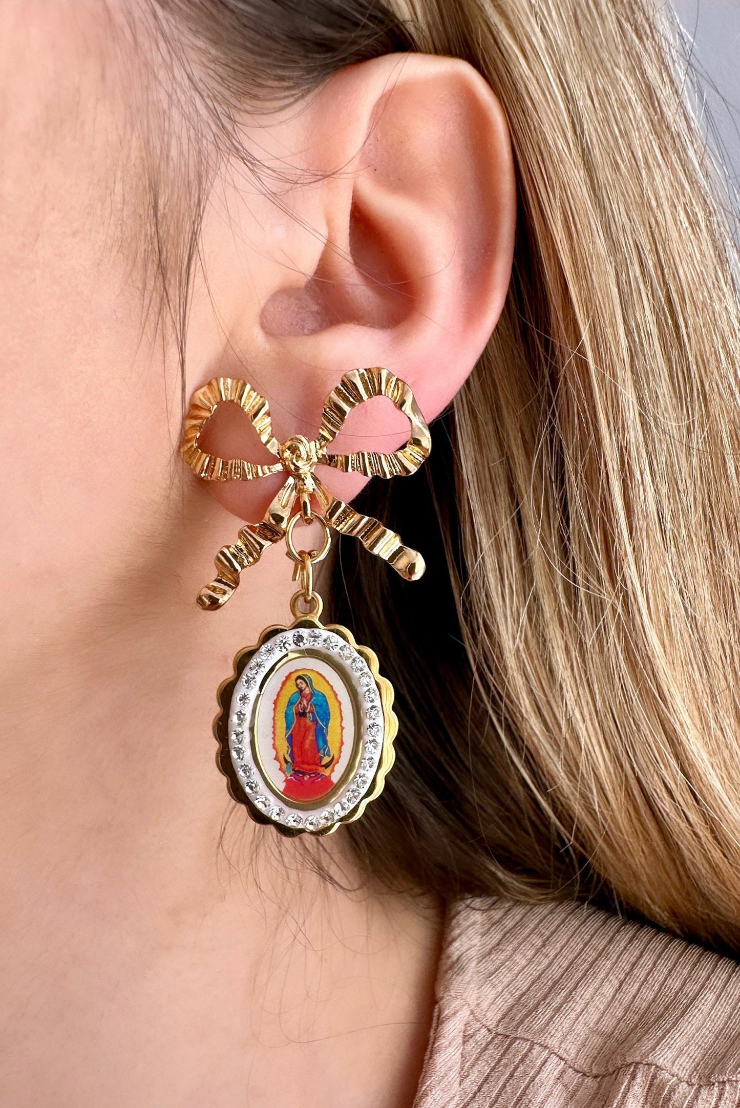 Virgin Mary Dangle Earrings, Our Lady Of Guadalupe Earrings, Statement Bow Earrings, Catholic Drop Earrings, Church Earrings, Baptism Gift