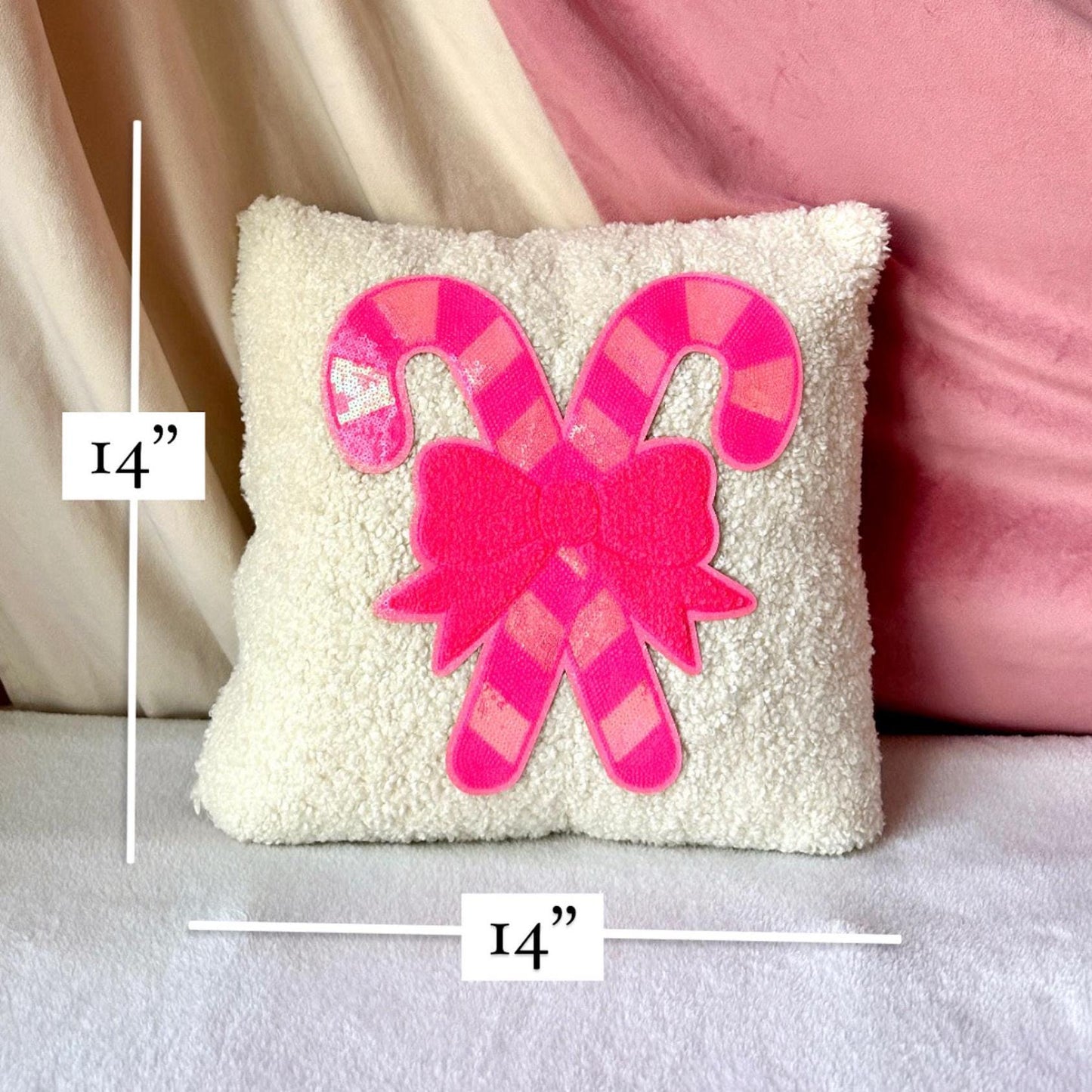 Pink Candy Cane Pillow, Candy Cane Christmas Pillow, Pink Bow Pillow, Sequin Christmas Pillow Coquette Christmas Pillow, White Boucle Pillow