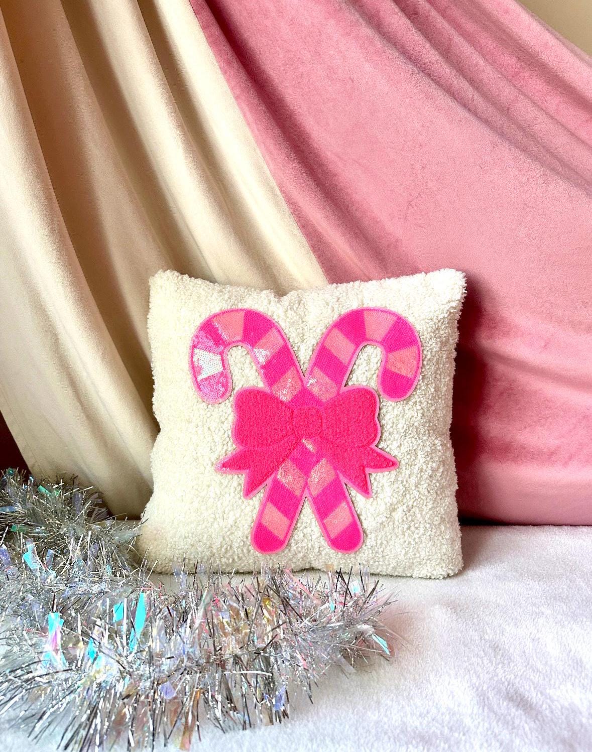 Pink Candy Cane Pillow, Candy Cane Christmas Pillow, Pink Bow Pillow, Sequin Christmas Pillow Coquette Christmas Pillow, White Boucle Pillow