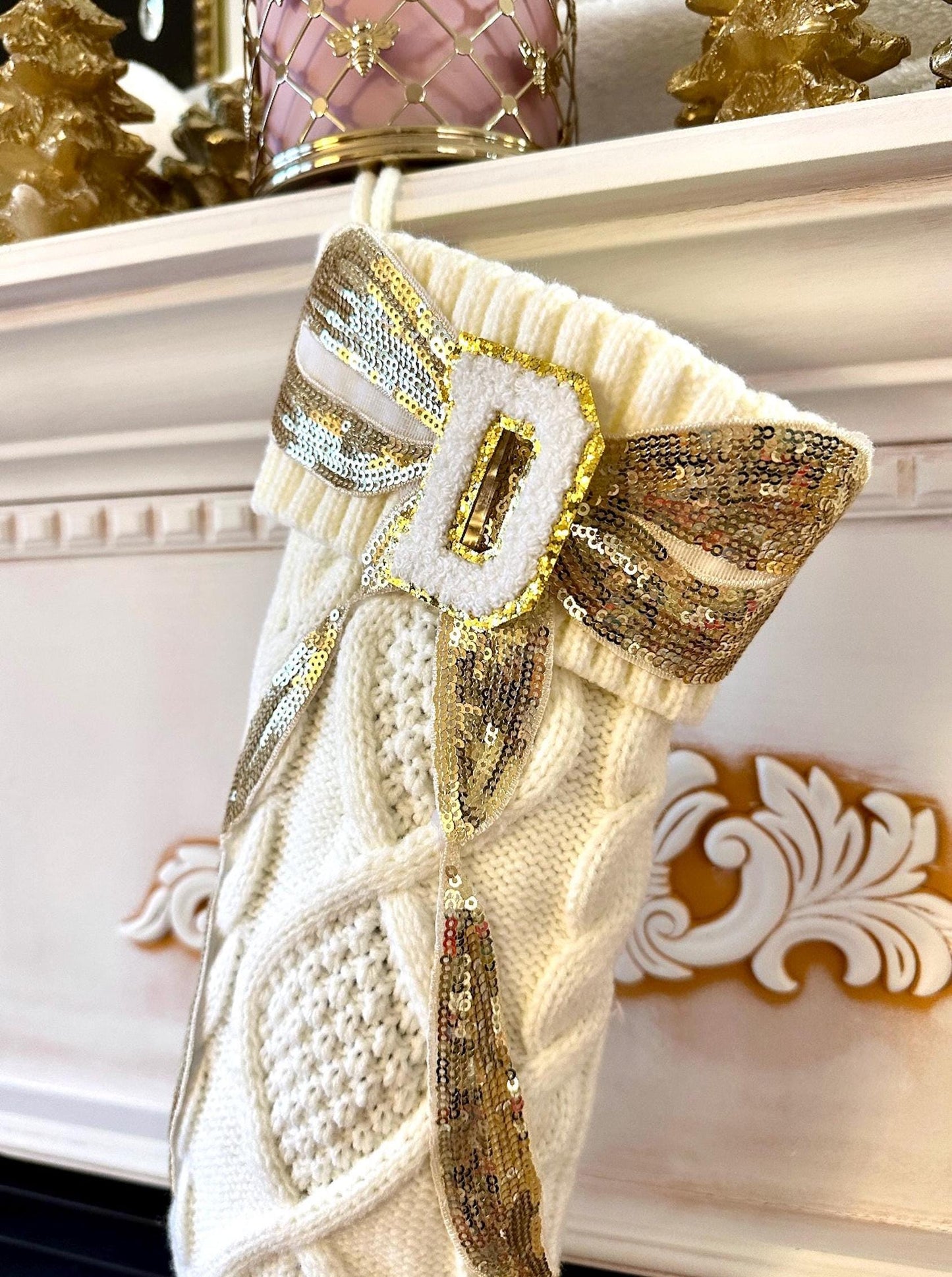 Personalized Letter Stocking, White Knit Christmas Stocking, Initial Stocking Christmas, Bow Christmas Stocking, Custom Christmas Stocking