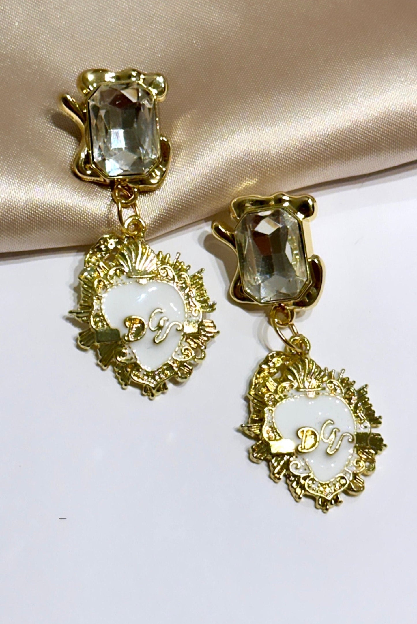 Statement Heart Earrings, Gold Sacred Heart Earrings, Enamel Sacred Heart, White Heart Earrings, Milagro Earrings, Ex Voto Earrings