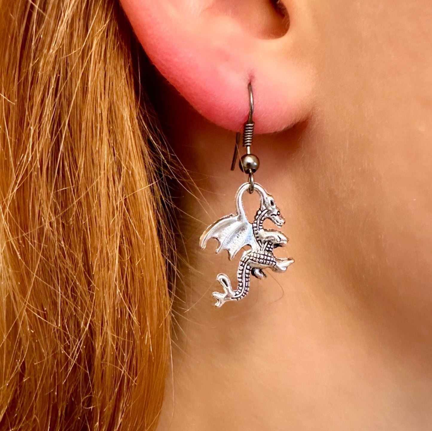 Silver Dragon Earrings, Tiny Dragon Earring, Dragon Dangle Earrings, Renaissance Earrings Halloween Earrings Fantasy Earrings Dragon Jewelry