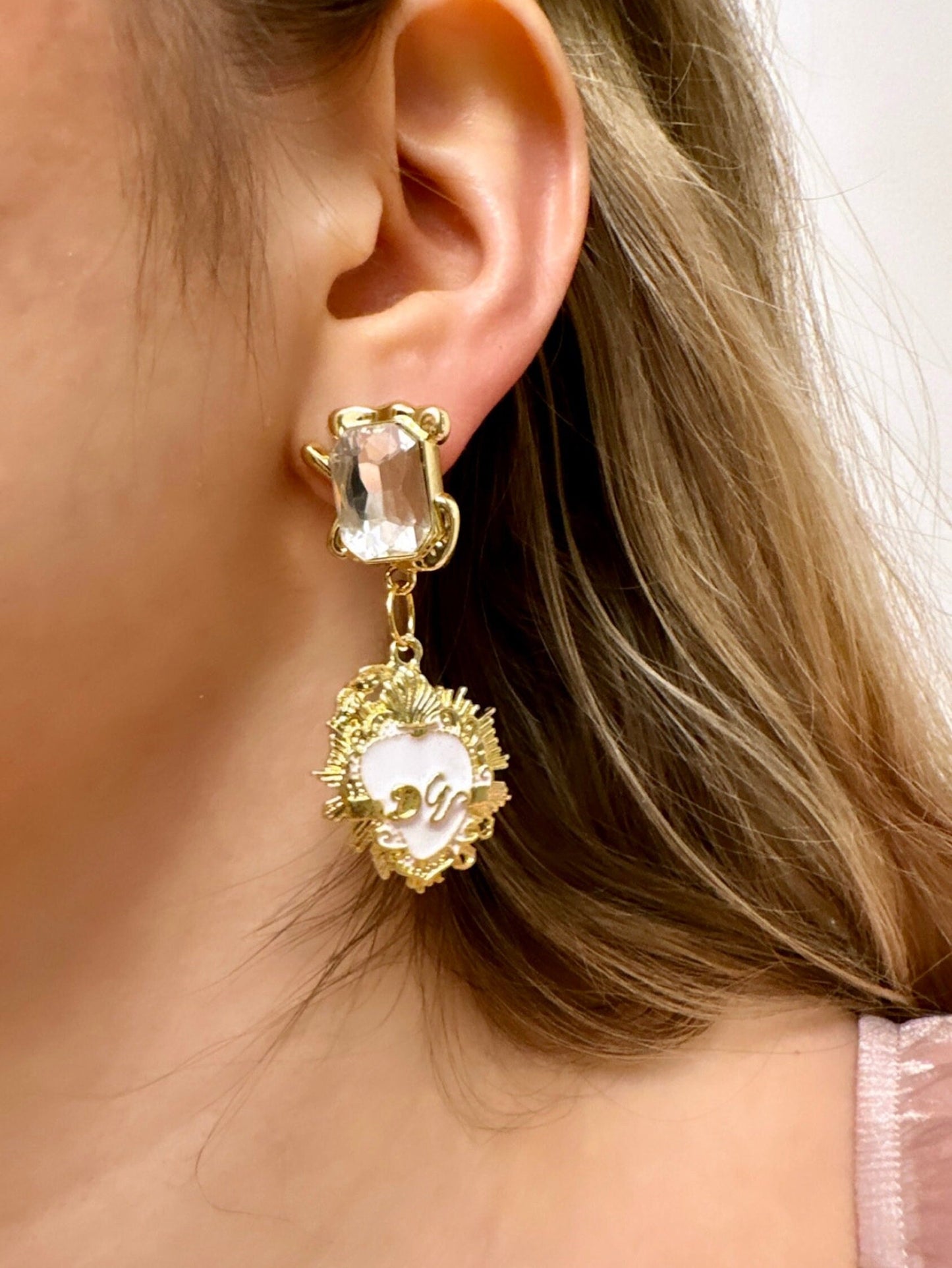 Statement Heart Earrings, Gold Sacred Heart Earrings, Enamel Sacred Heart, White Heart Earrings, Milagro Earrings, Ex Voto Earrings
