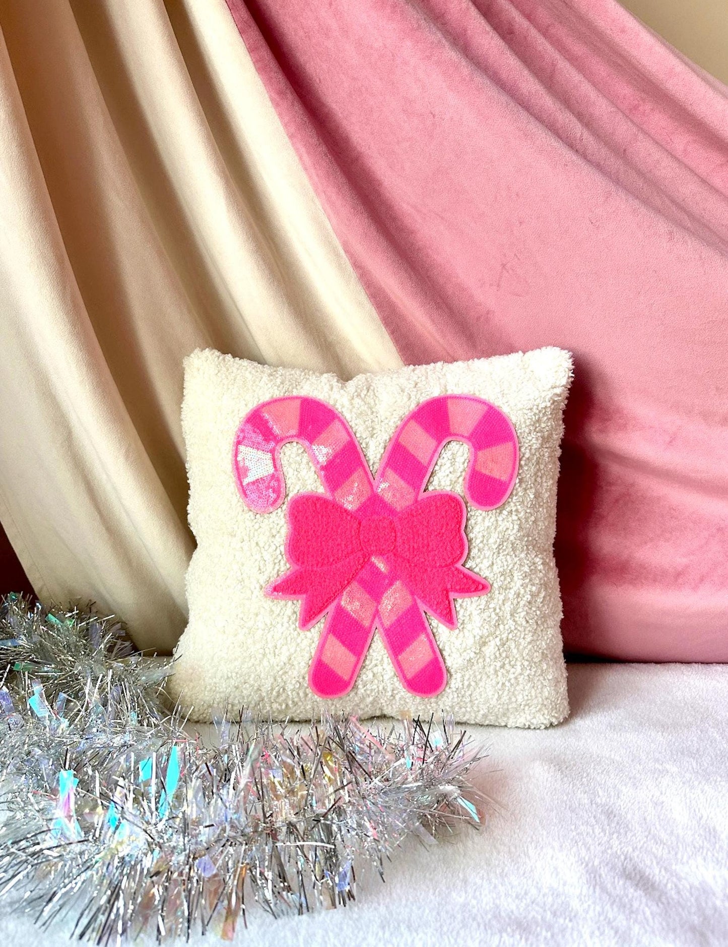 Candy Cane Christmas Pillow, Pink Candy Cane Pillow, White Boucle Pillow, Gold Bow Pillow, Sequin Christmas Pillow Coquette Christmas Pillow