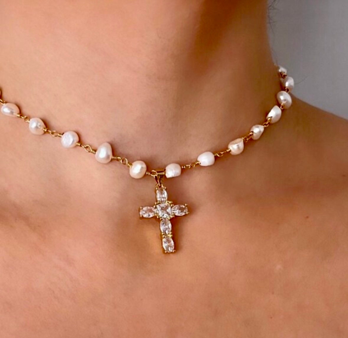 Freshwater Pearl Cross Necklace - Statement Cross Pearl Necklace - Pearl Bead Cross Necklace, Gold Filled CZ Cross Pendant, CZ Cross Pendant