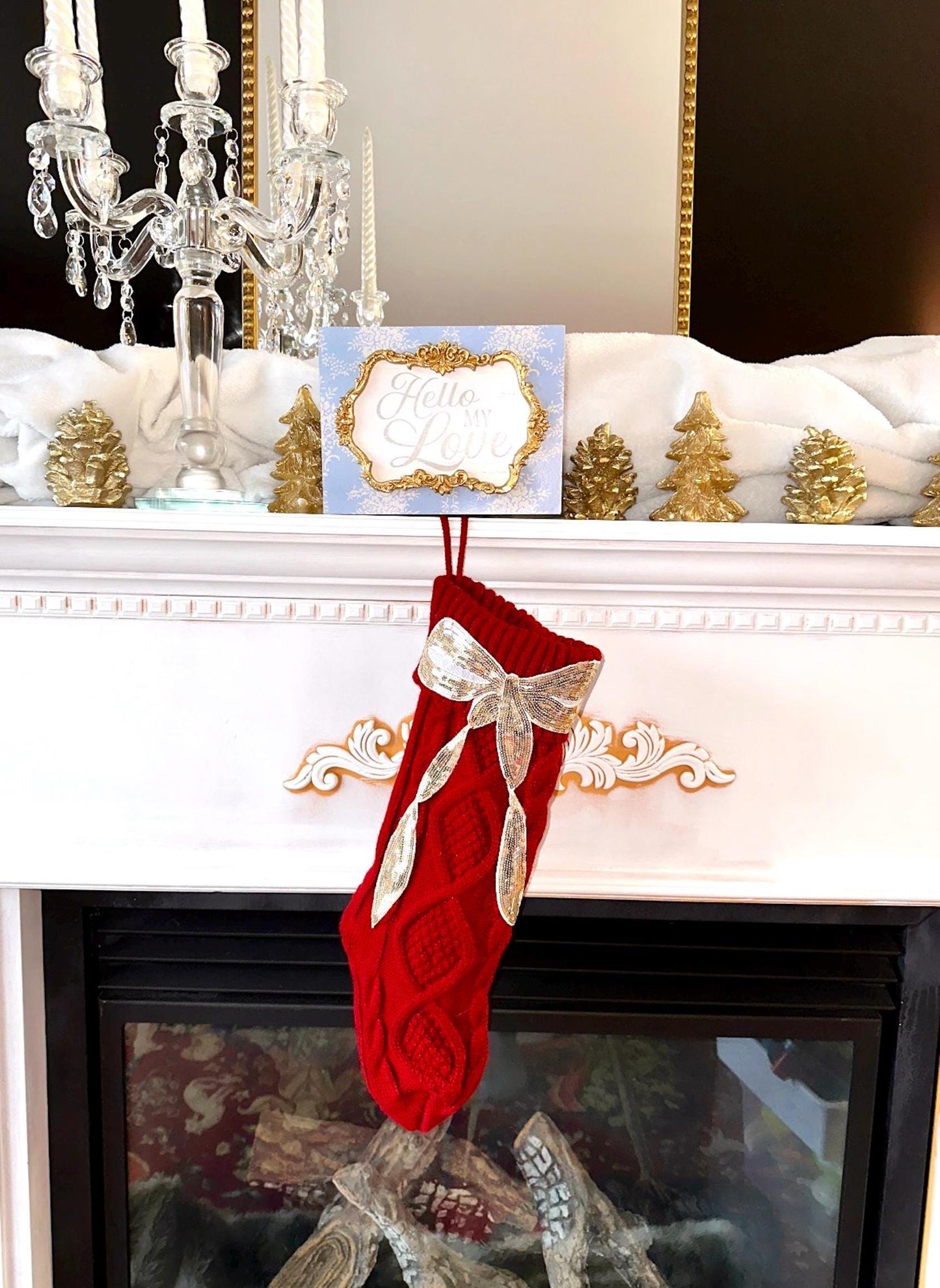 Bow Christmas Stocking, Coquette Christmas Stocking, Red Knit Christmas Stocking, Sequin Christmas Stocking, Gold Bow Christmas Decoration