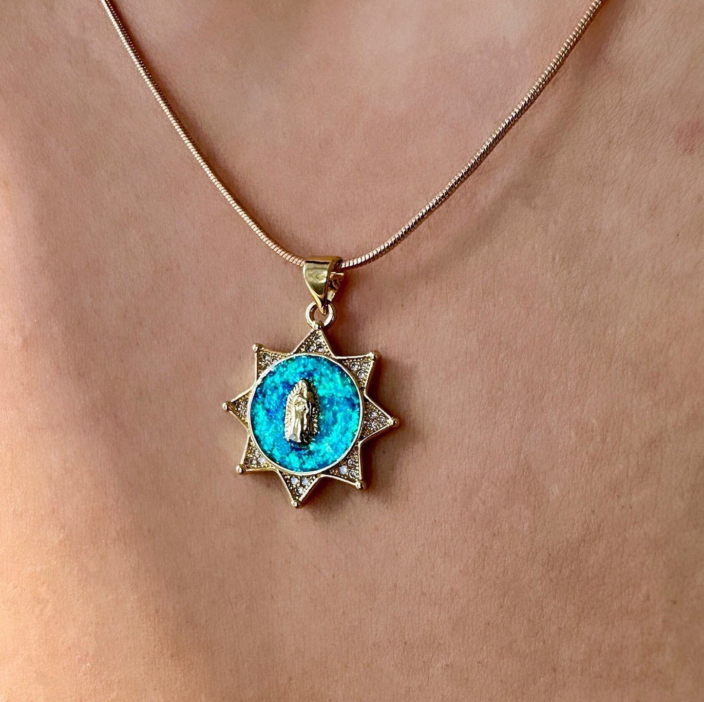 Opal Virgin Mary Pendant, Our Lady Of Guadalupe Pendant Necklace, Virgin Mary Pendant Blue, Gold Virgin Mary Pendant, Virgin Mary Stars
