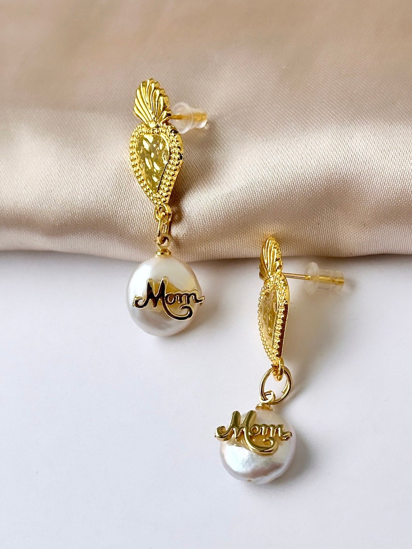 Mom Dangle Earrings, Mother's Day Earrings, Mother's Day Gift For Her, Gold Sacred Heart Earrings, Milagro Earrings Gold, Ex Voto Earrings