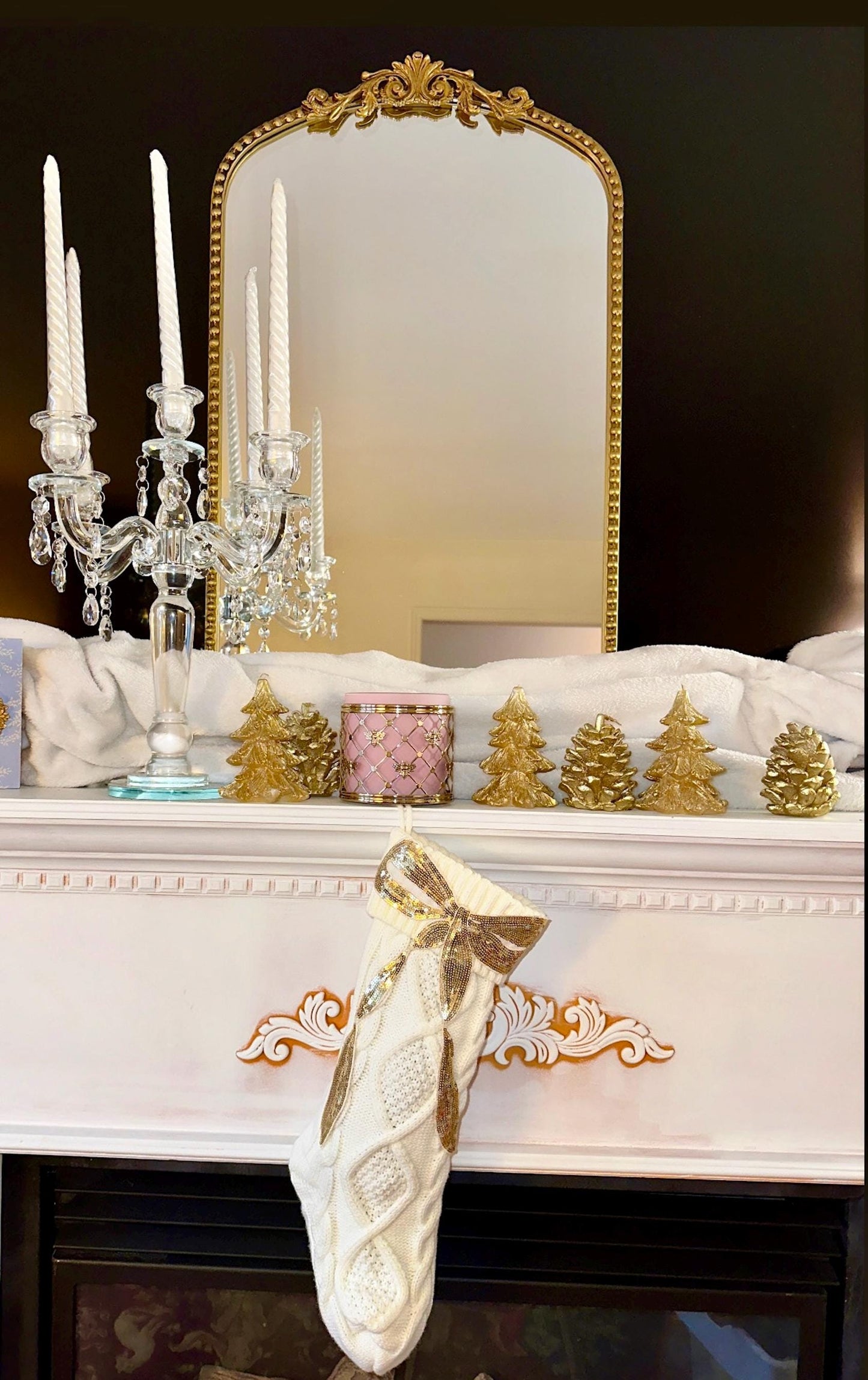 Coquette Christmas Stocking, Bow Christmas Stocking, White Knit Christmas Stocking, Sequin Christmas Stocking, Gold Bow Christmas Decoration