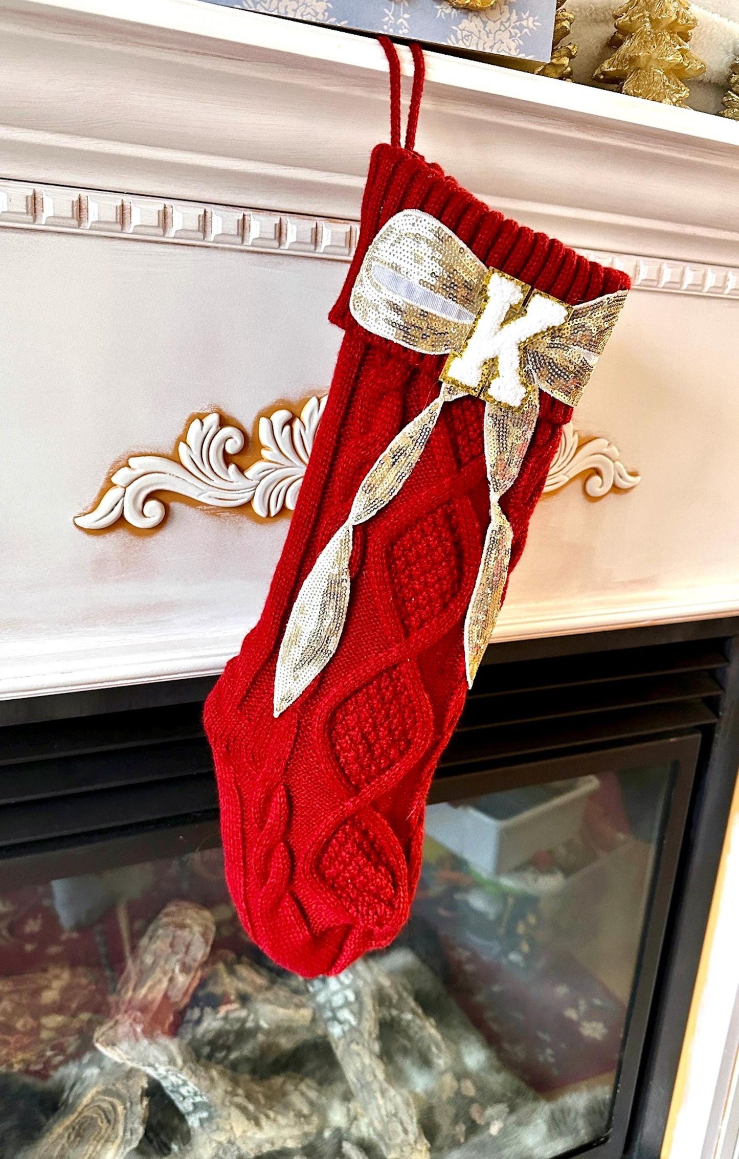 Custom Christmas Stocking Large, Red Knit Christmas Stocking, Personalized Christmas Stocking, Sequin Bow Christmas Stocking Letter Stocking