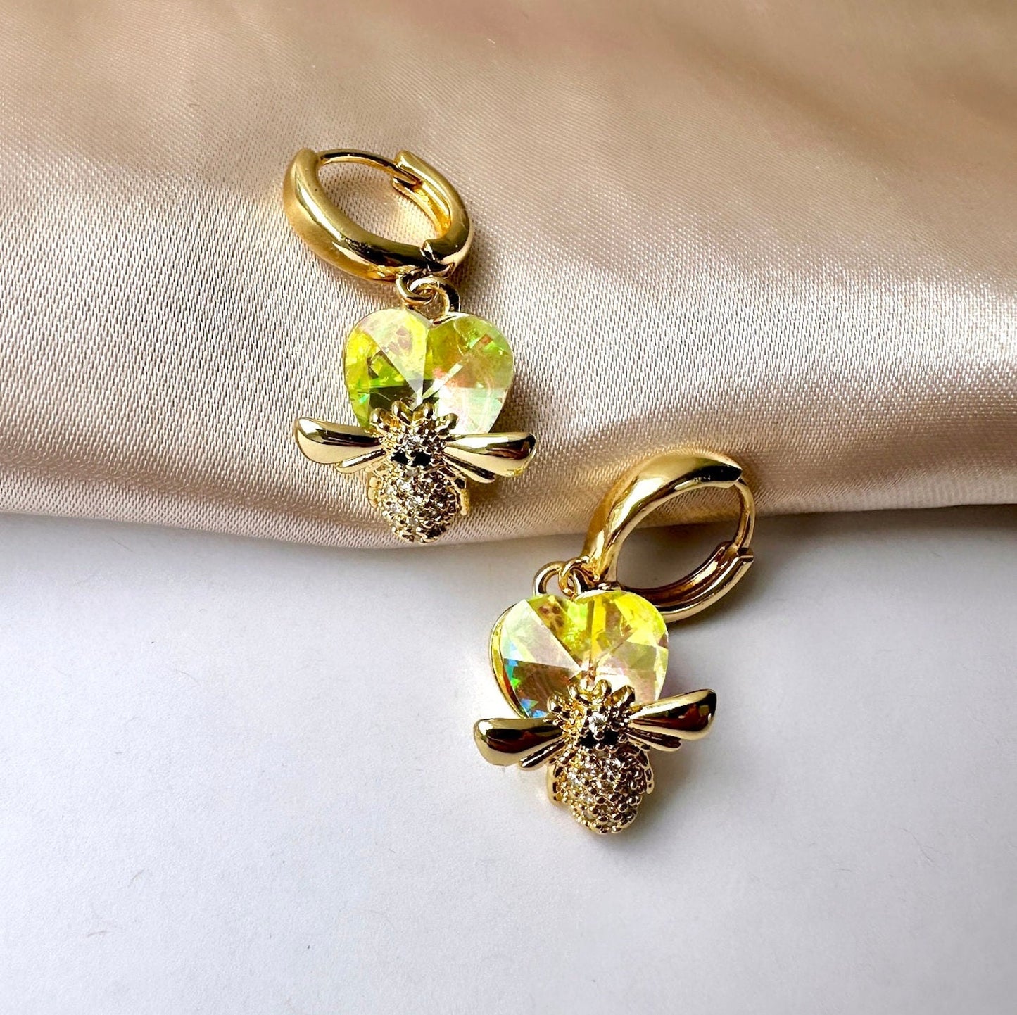 Bee Hoop Earrings, Gold Bee Earrings, Gold Plated Huggie Hoops, Bee Gifts, Gold Bee Jewelry, Heart Hoop Earrings, Cz Heart Earrings