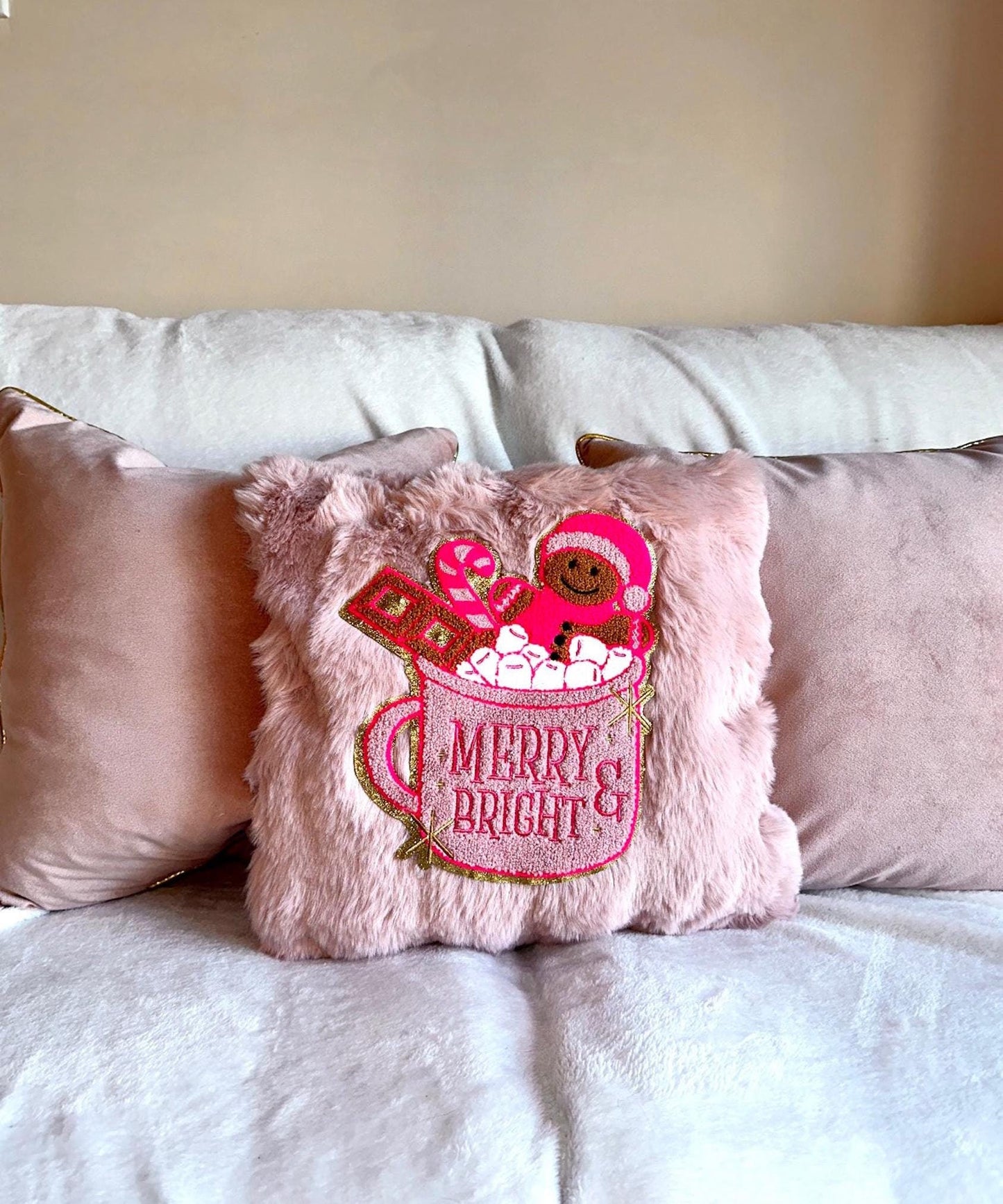 Pink Gingerbread Pillow, Merry And Bright Pillow, Pink Christmas Pillow, Coquette Christmas Pillow, Pink Christmas Decorations Home Decor