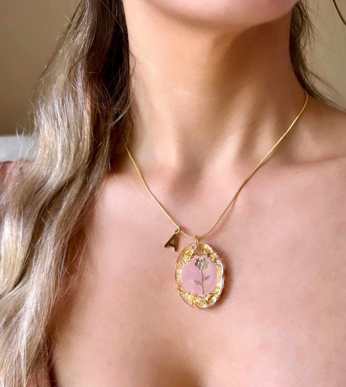 Resin Rose Necklace, Gold Initial Necklace Stainless Steel, Gold Rose Flower Necklace, Gold Letter Necklace, Custom Flower Necklace