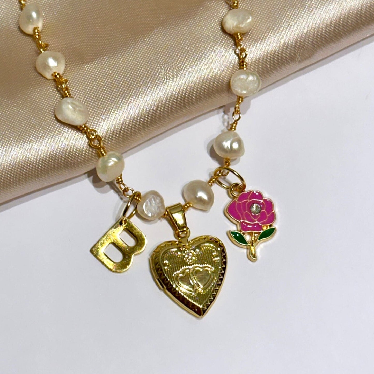 Pearl Locket Necklace Heart, Heart Locket Necklace With Letter, Gold Heart Locket Personalized, Custom Locket Necklace, Valentine's Necklace