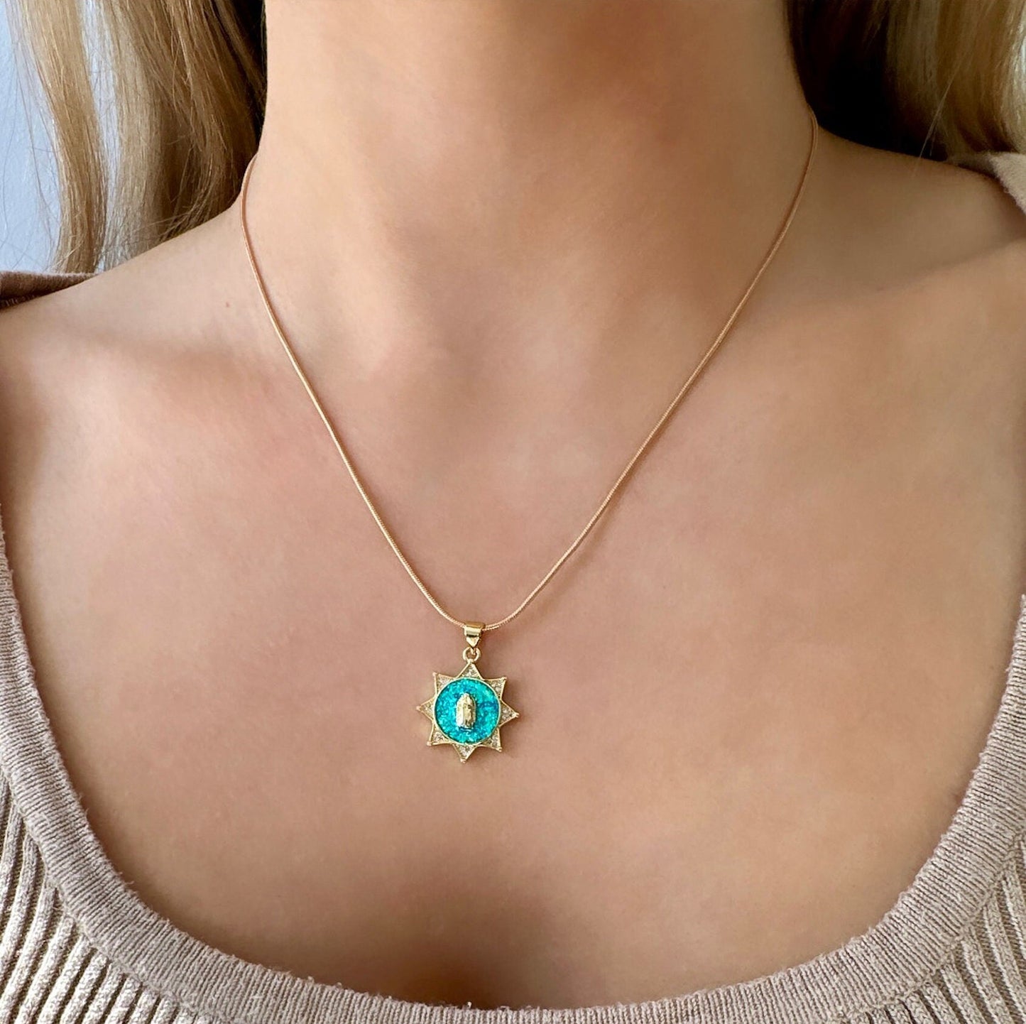 Opal Virgin Mary Pendant, Our Lady Of Guadalupe Pendant Necklace, Virgin Mary Pendant Blue, Gold Virgin Mary Pendant, Virgin Mary Stars