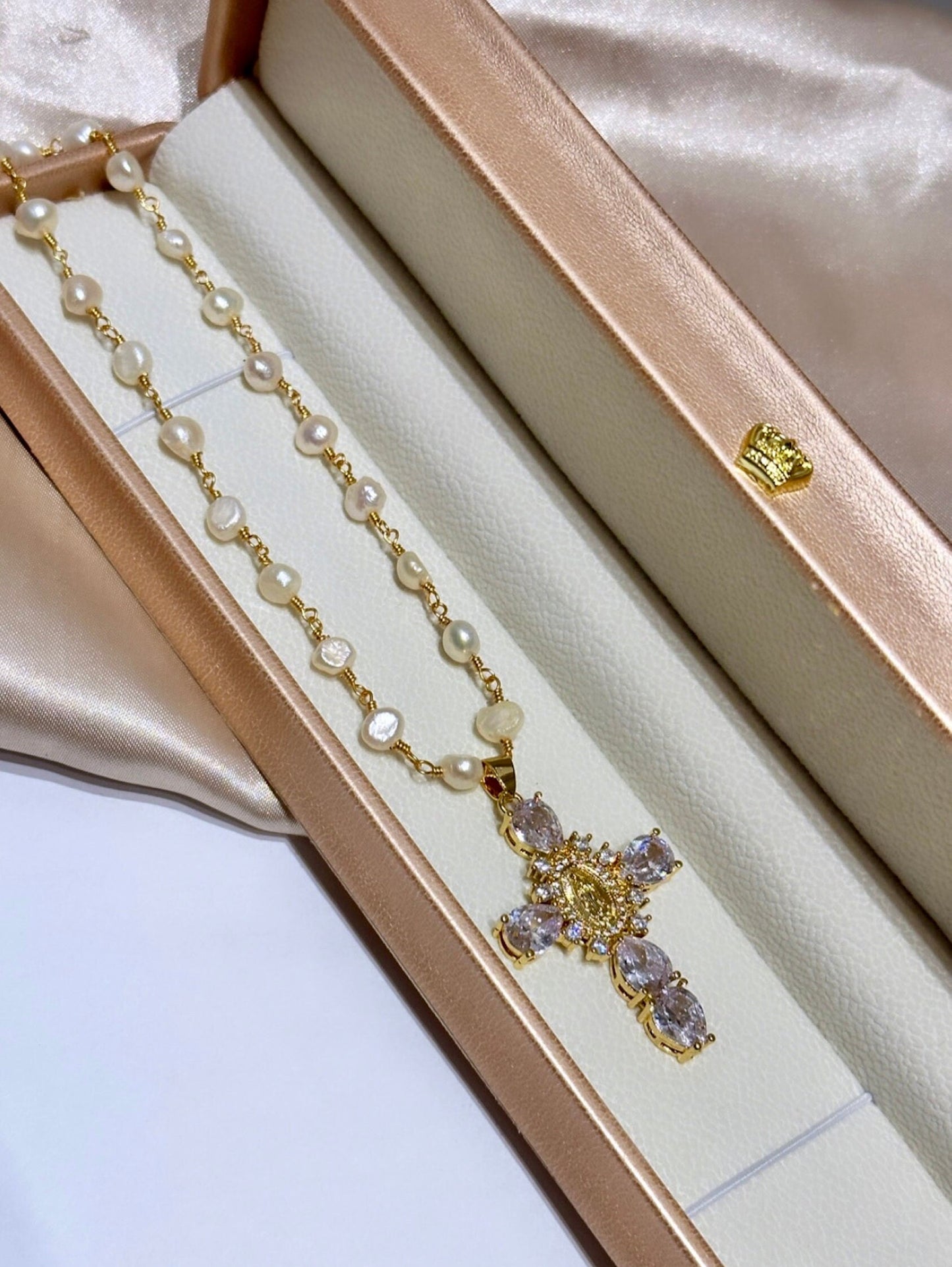 Freshwater Pearl Cross Necklace - Statement Cross Pearl Necklace - Pearl Bead Cross Necklace, Gold Filled CZ Cross Pendant, CZ Cross Pendant