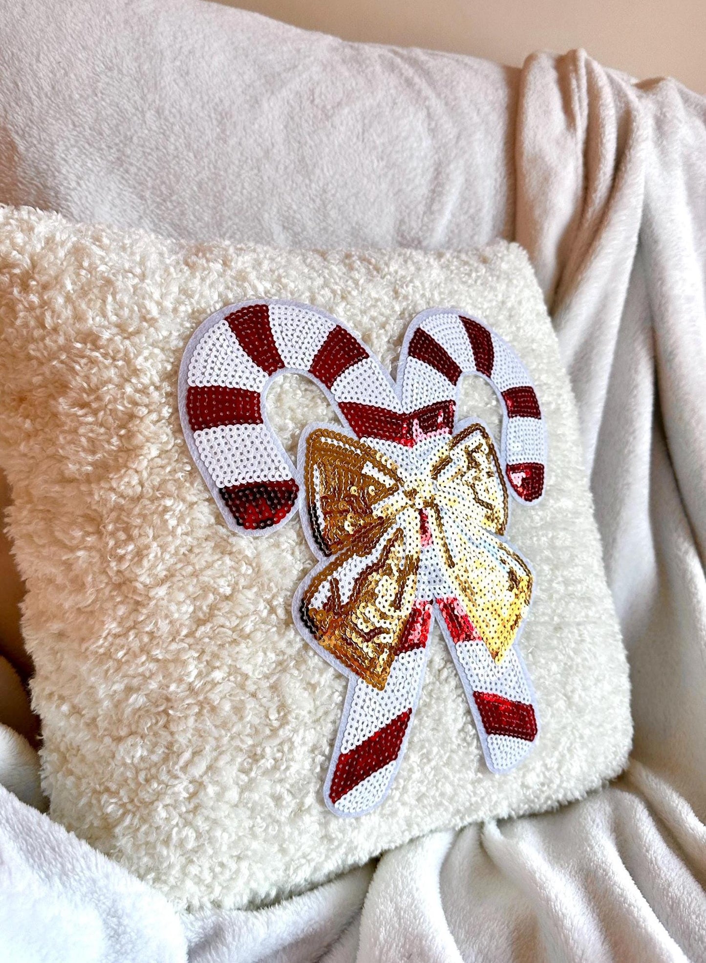 Candy Cane Christmas Pillow, White Boucle Pillow, Gold Bow Pillow, Sequin Christmas Pillow, Coquette Christmas Pillow, Cozy Decor Home