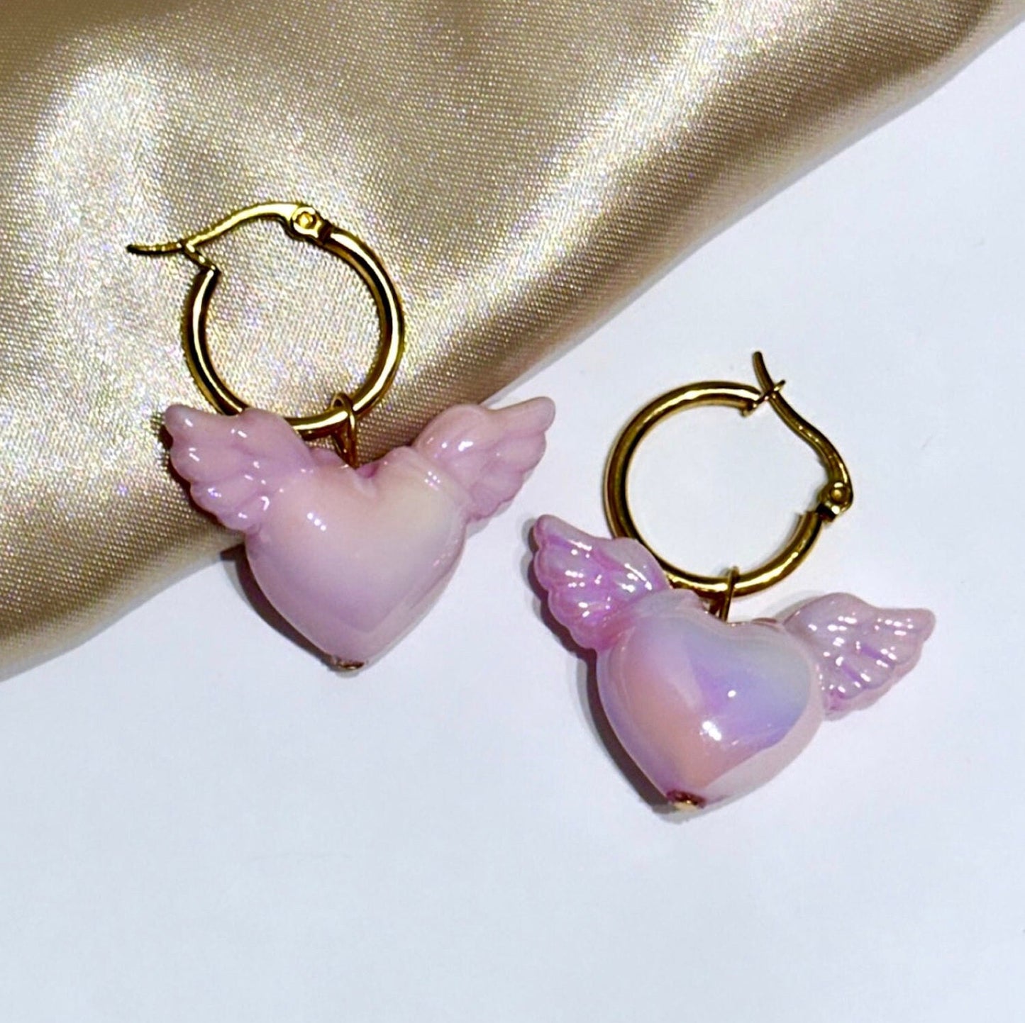 Pink Heart Hoop Earrings, Valentine's Day Hoop Earrings, Puffy Heart Earrings, Pink Heart Earrings Dangle, Angel Heart With Wings, Vday Gift