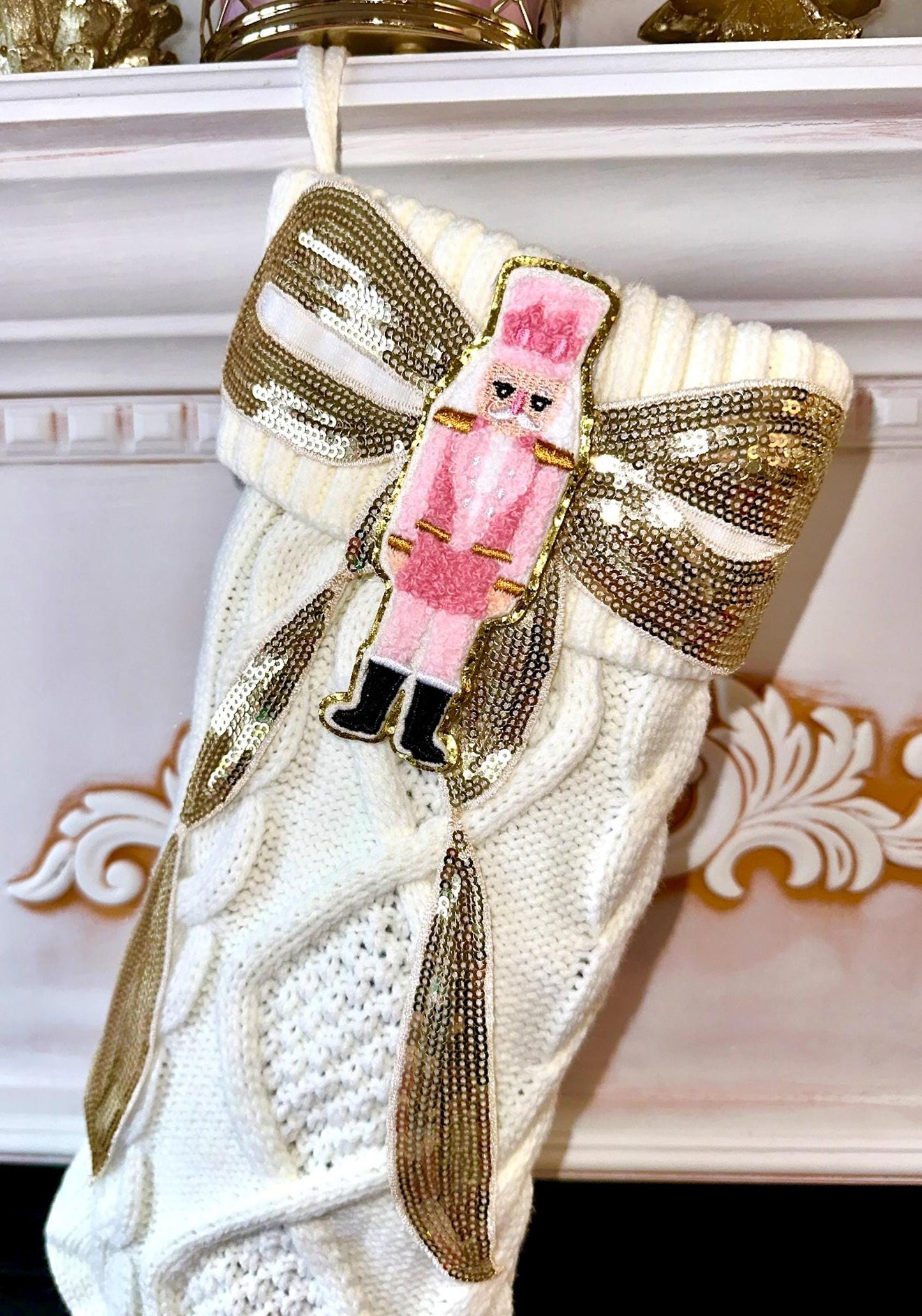 Pink Nutcracker Stocking, Nutcracker Christmas Stocking, Bow Christmas Stocking, White Knit Christmas Stocking, Coquette Christmas Stocking