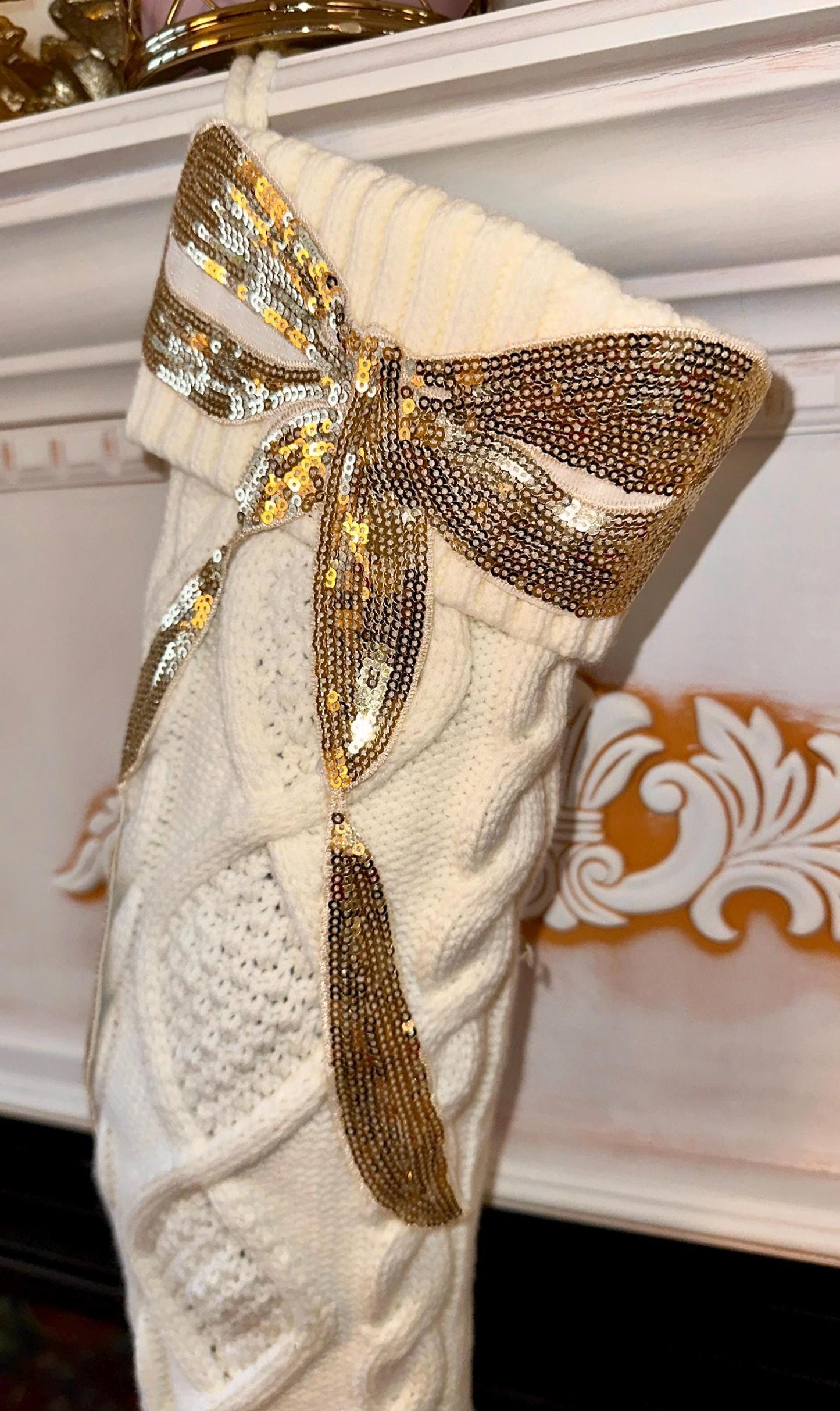 Bow Christmas Stocking Red And White Christmas Stocking, Sequin Christmas Stocking White Knit Christmas Stocking Coquette Christmas Stocking