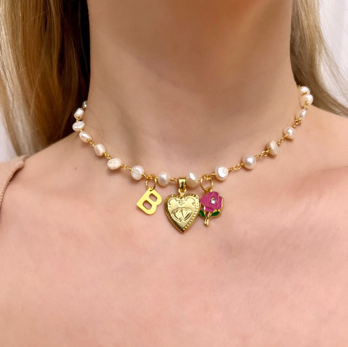 Pearl Locket Necklace Heart, Heart Locket Necklace With Letter, Gold Heart Locket Personalized, Custom Locket Necklace, Valentine's Necklace