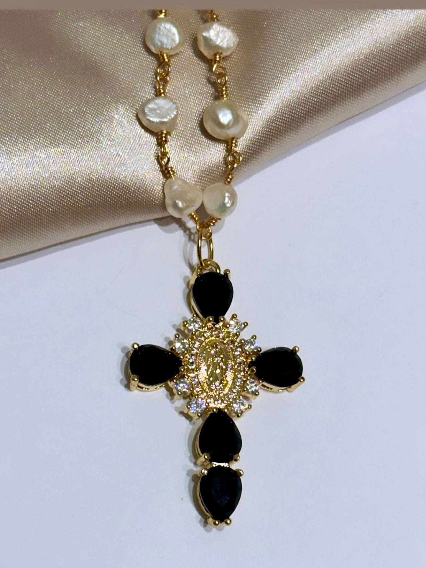 Renaissance Cross Necklace, Freshwater Pearl Cross, Black Cross Necklace, 18K Cross Pendant, Pearl Cross Necklace Women, Medieval Cross