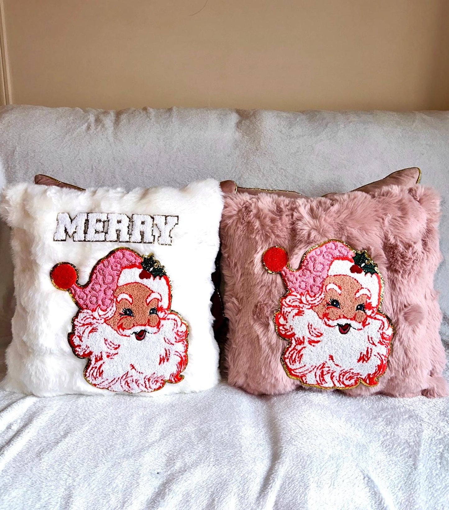 Retro Santa Pillow, White Christmas Pillows, Merry Pillow, White Fur Pillow, Christmas Cushions And Cover, Faux Fur Cushion, Christmas Decor
