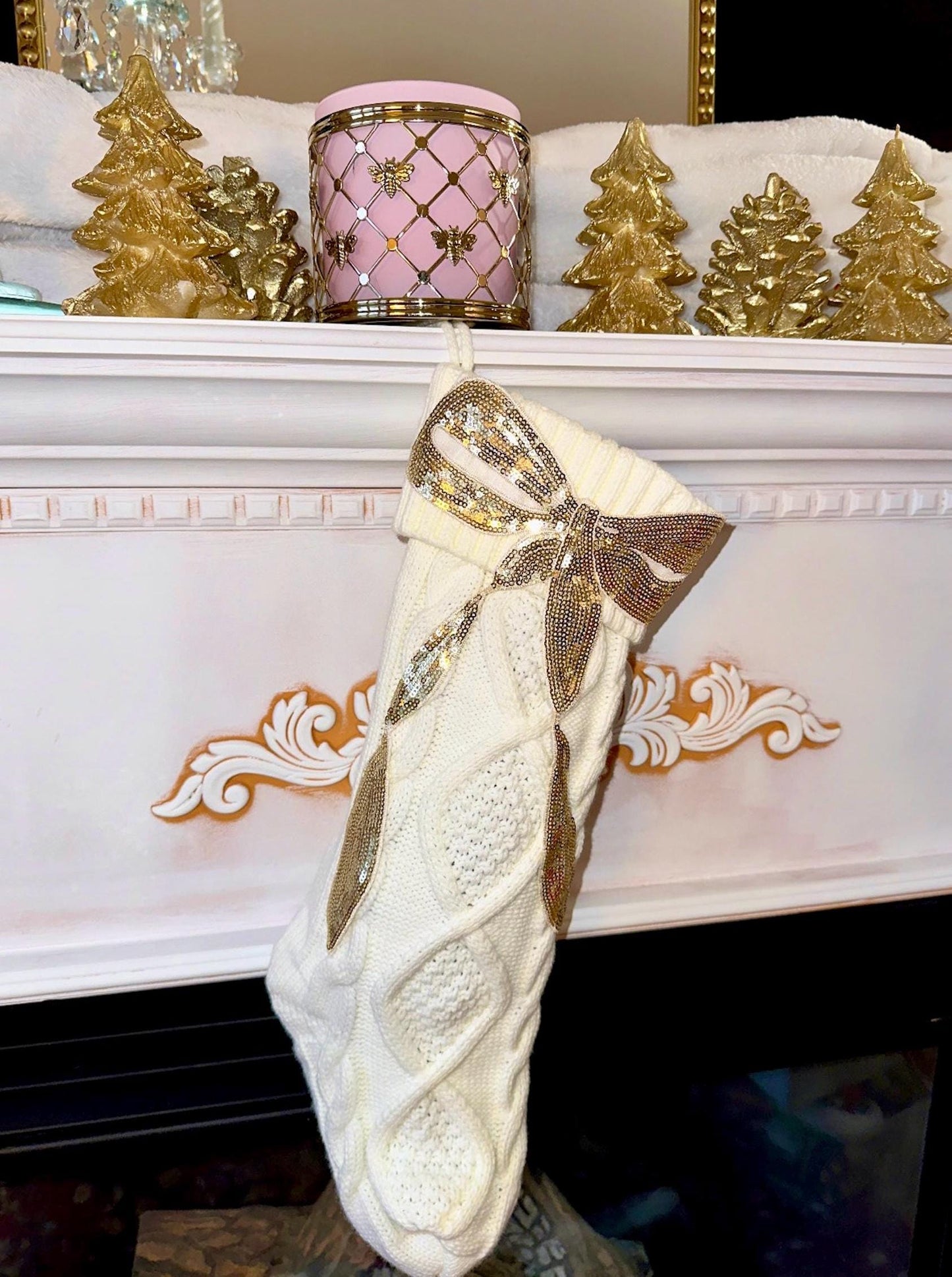 Coquette Christmas Stocking, Bow Christmas Stocking, White Knit Christmas Stocking, Sequin Christmas Stocking, Gold Bow Christmas Decoration