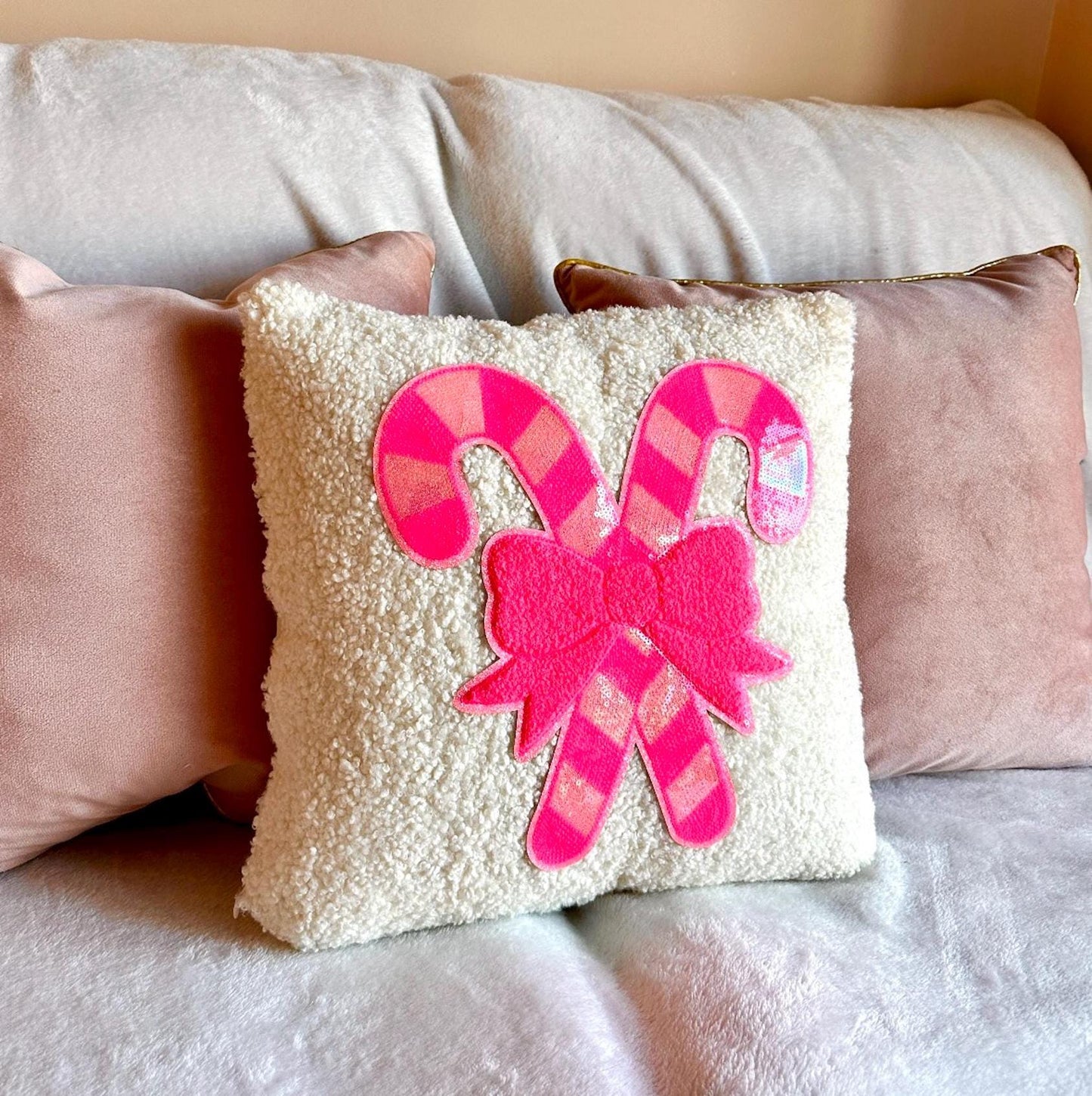 Pink Candy Cane Pillow, Candy Cane Christmas Pillow, Pink Bow Pillow, Sequin Christmas Pillow Coquette Christmas Pillow, White Boucle Pillow