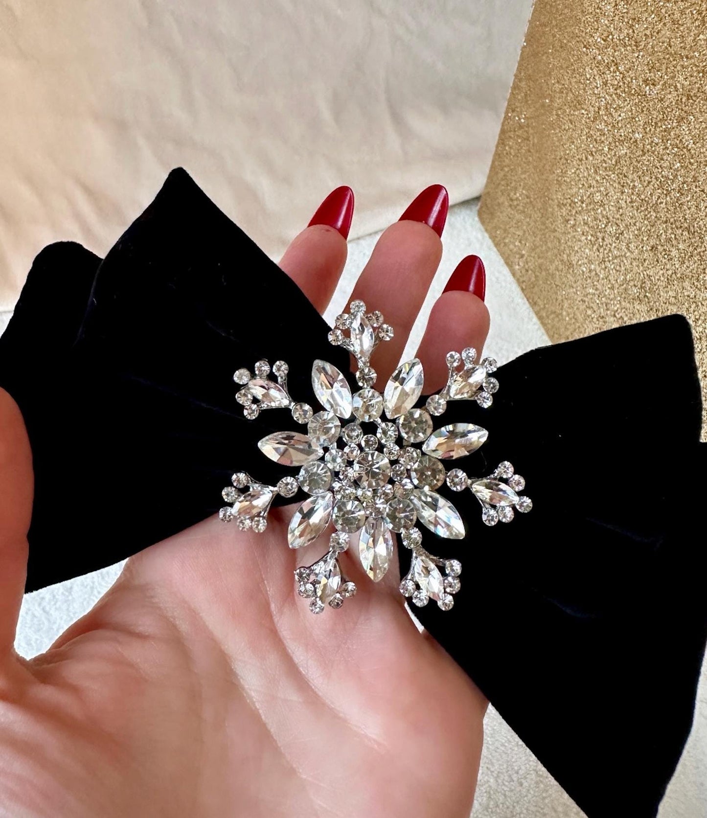 Christmas Hair Bow Clip, Snowflake Hair Bow, Black Velvet Hair Bow Clip, Festive Hair Bow, Snowflake Hair Clips, Rhinestone Hair Bow