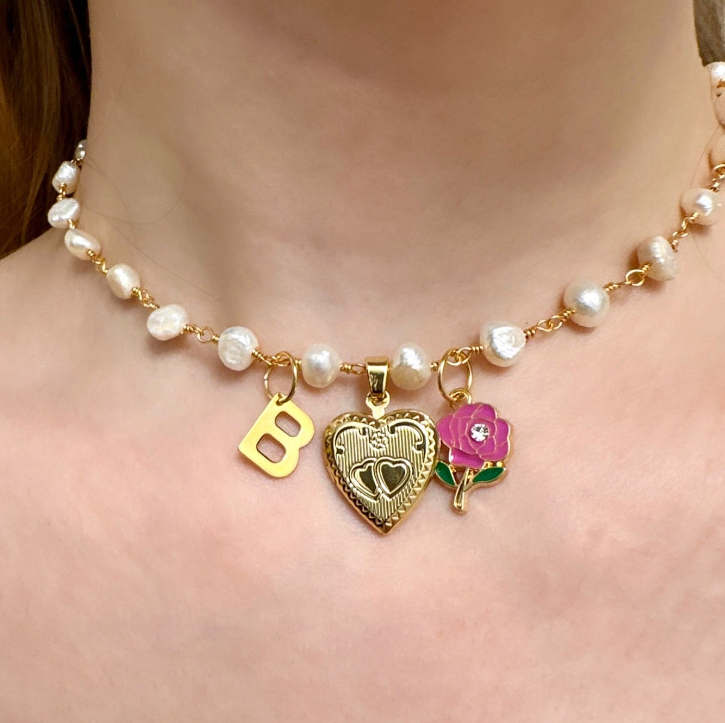 Pearl Locket Necklace Heart, Heart Locket Necklace With Letter, Gold Heart Locket Personalized, Custom Locket Necklace, Valentine's Necklace
