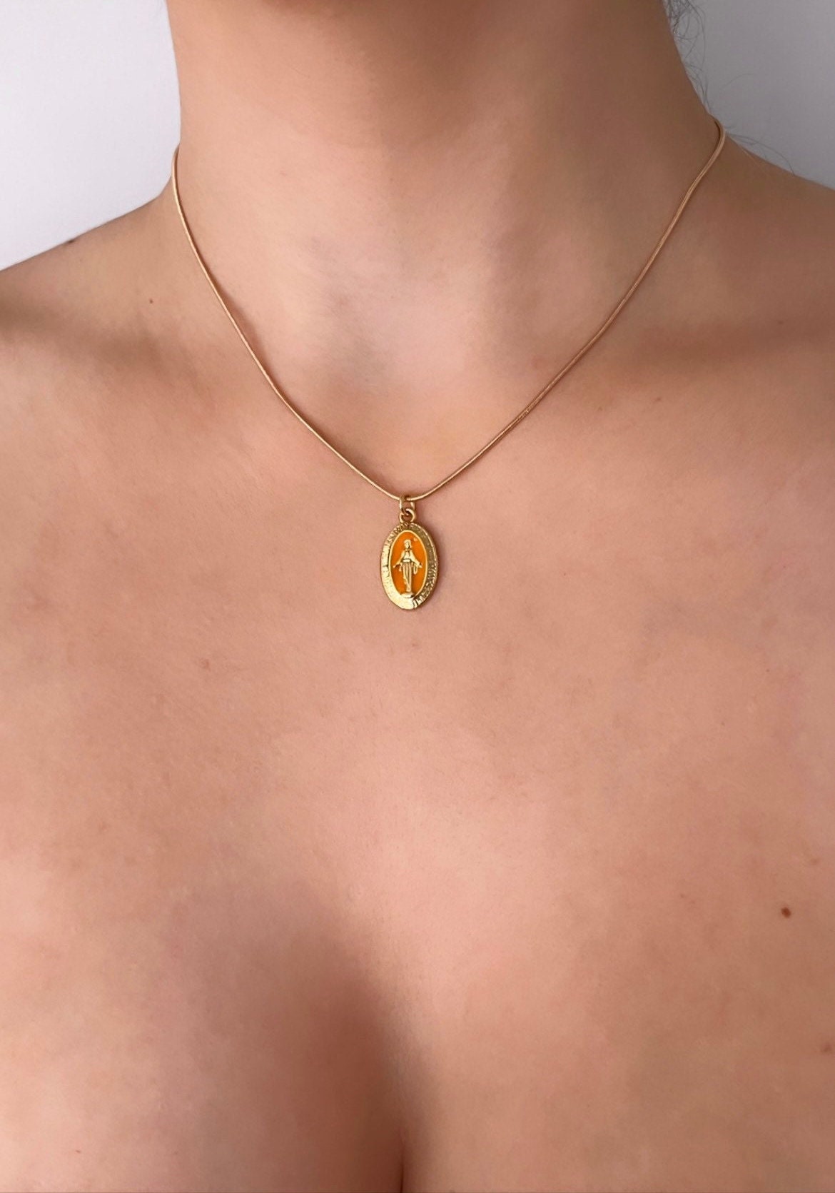 Catholic Necklace, Virgin Mary Necklace Gold, Miraculous Medal Necklace, Saint Pendant Gold, 18K Gold Filled Necklace, Protection Necklace